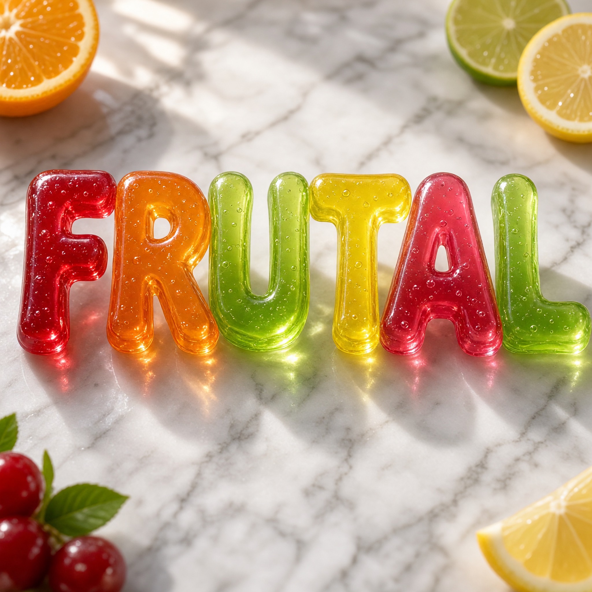 Fuente de IA Letras de gelatina generada con Grok Imagine: la palabra FRUTAL