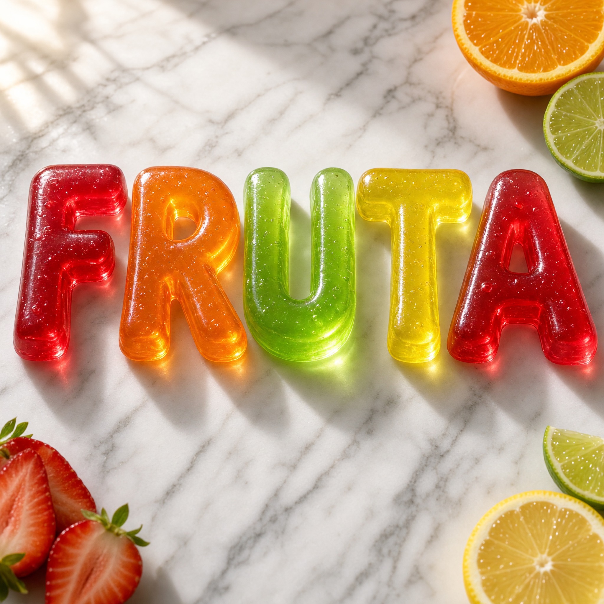 Fonte de IA Letras de gelatina gerada no Grok Imagine: a palavra FRUTA