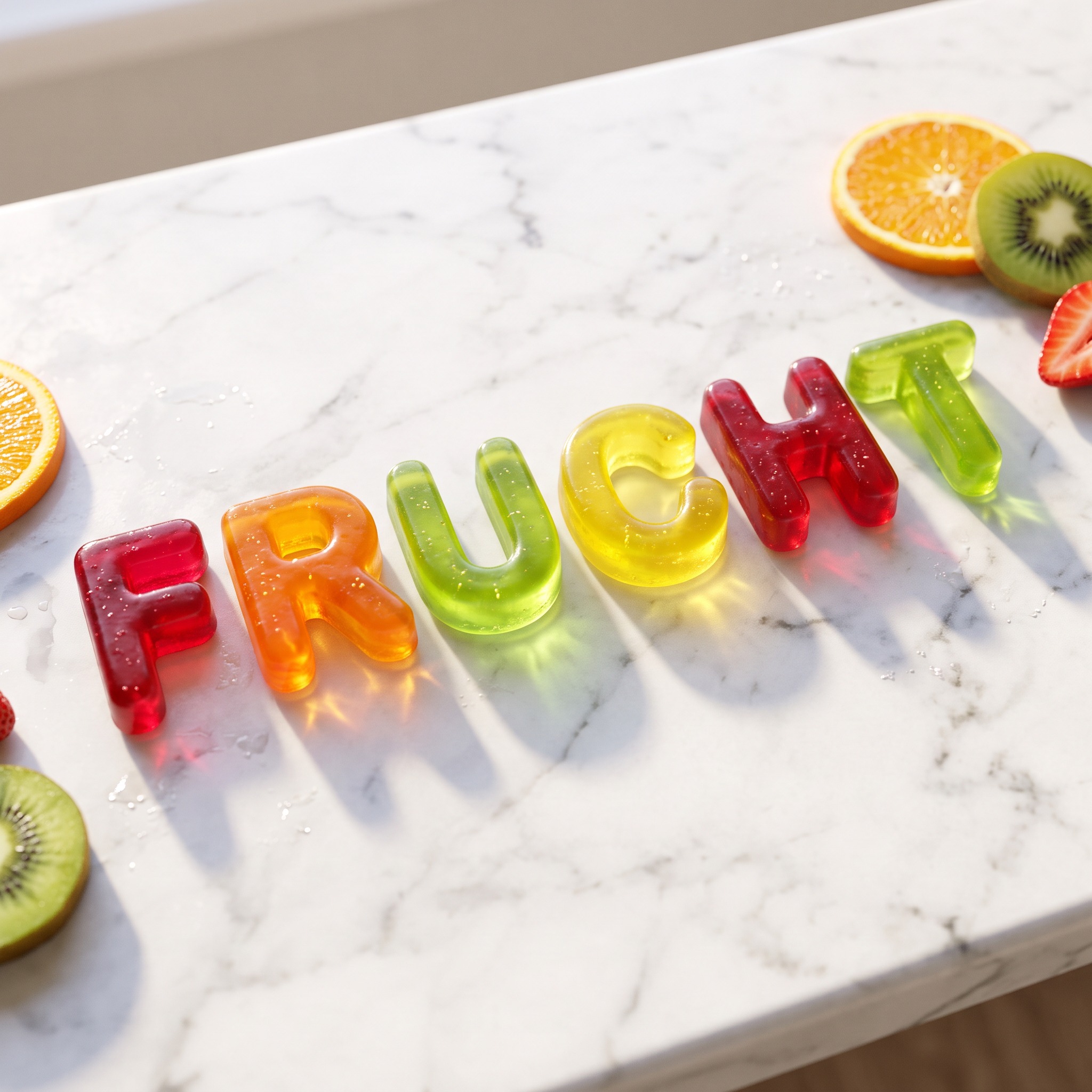 Fruchtgummi-Schrift KI-Schrift, erstellt mit Nano Banana: das Wort FRUCHT