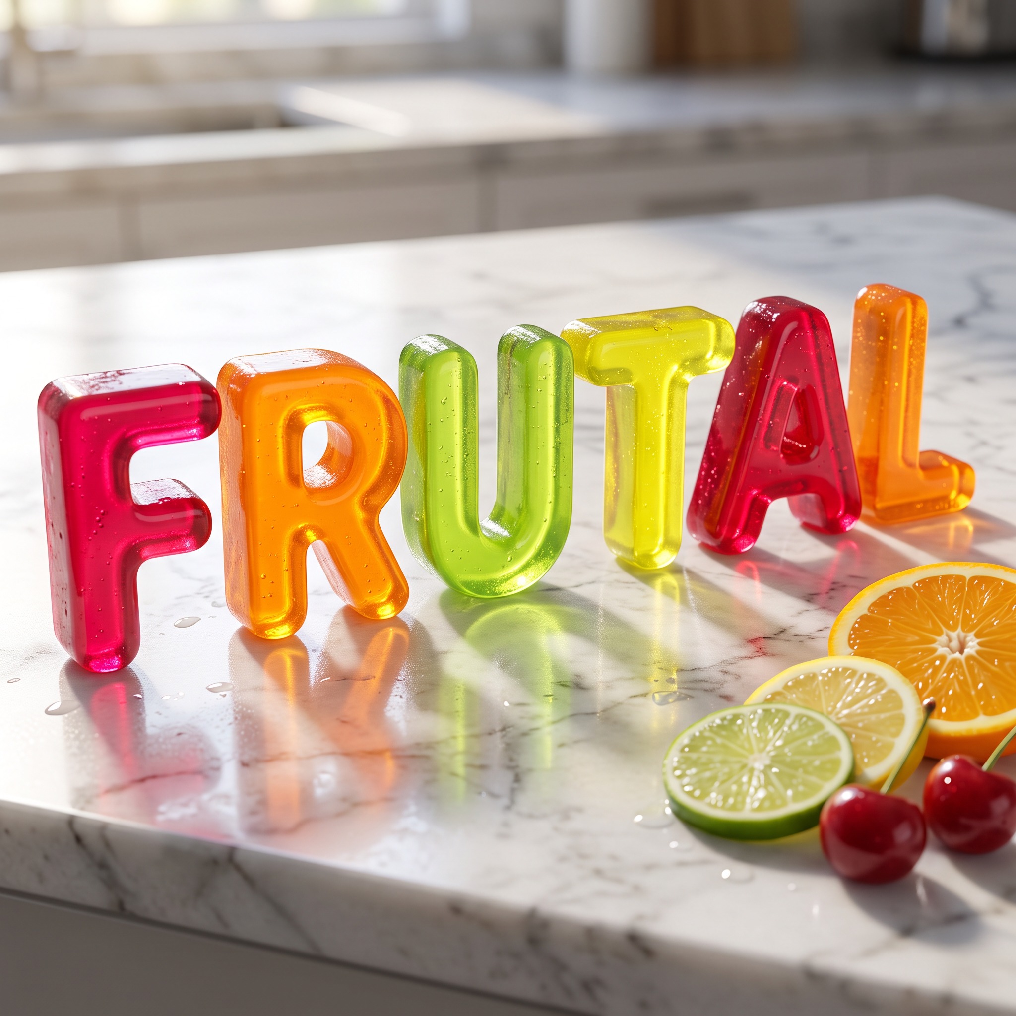Fuente de IA Letras de gelatina generada con Nano Banana: la palabra FRUTAL