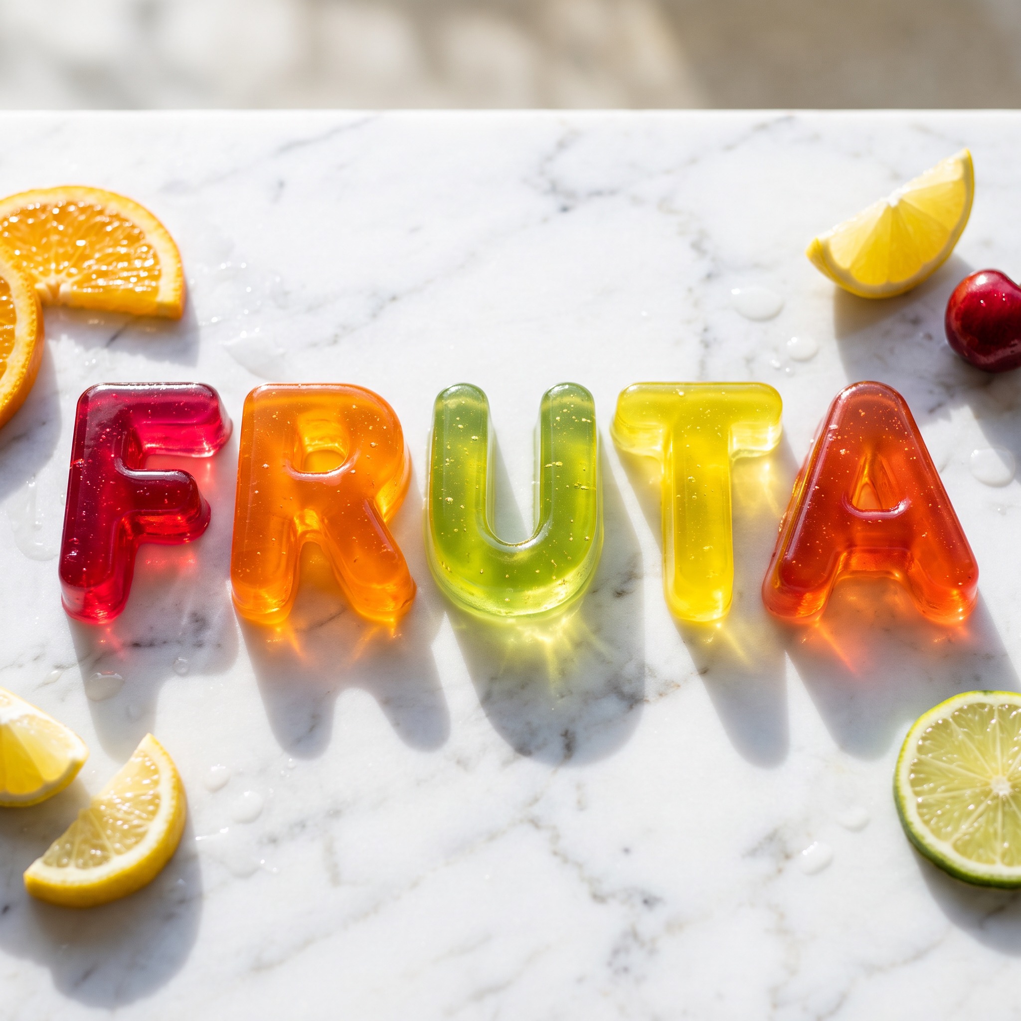 Fonte de IA Letras de gelatina gerada no Nano Banana: a palavra FRUTA