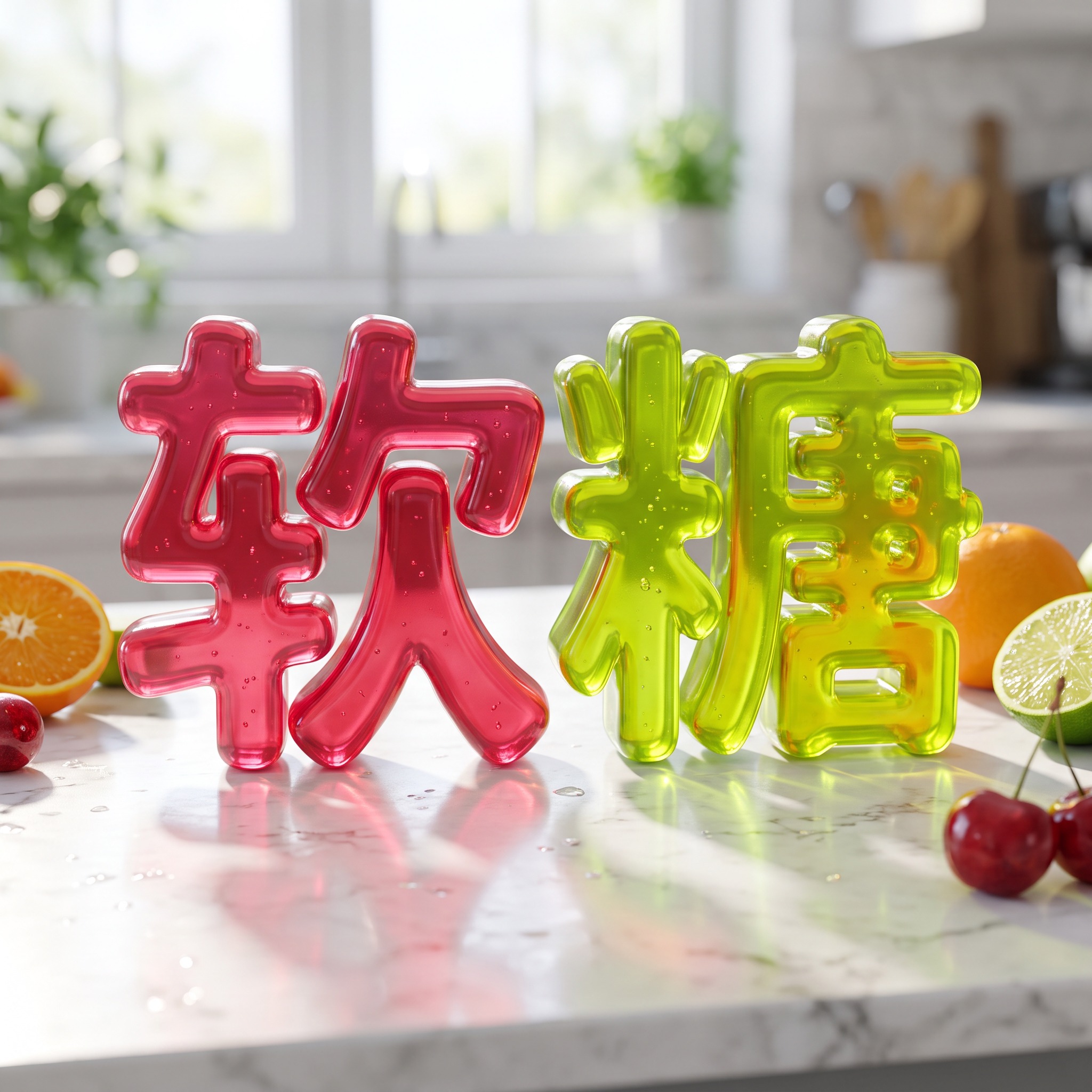 果冻字体 AI 字体在 Nano Banana 上的生成结果：文字 软糖