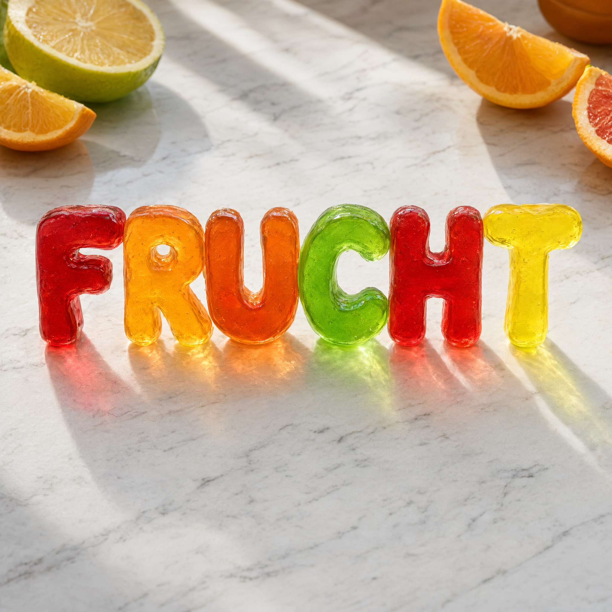 Fruchtgummi-Schrift KI-Schrift, erstellt mit Qwen-Image: das Wort FRUCHT