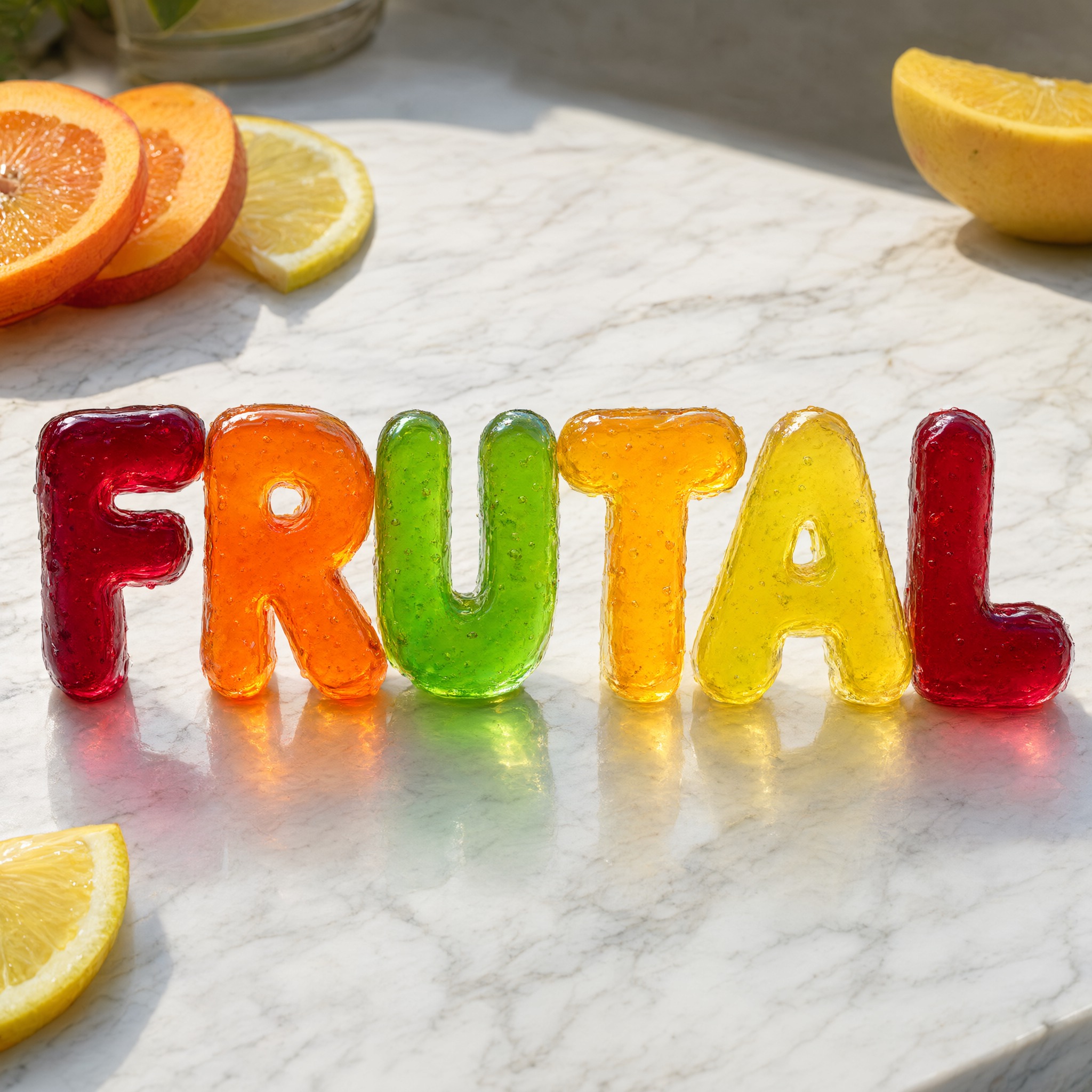 Fuente de IA Letras de gelatina generada con Qwen-Image: la palabra FRUTAL