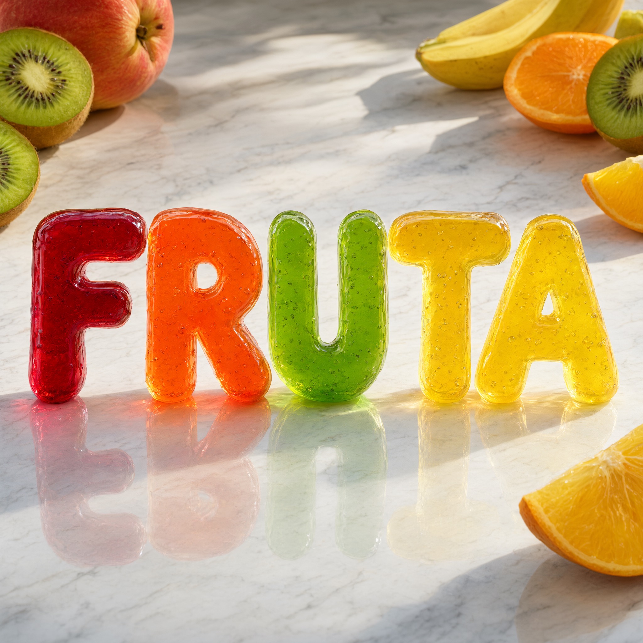 Fonte de IA Letras de gelatina gerada no Qwen-Image: a palavra FRUTA