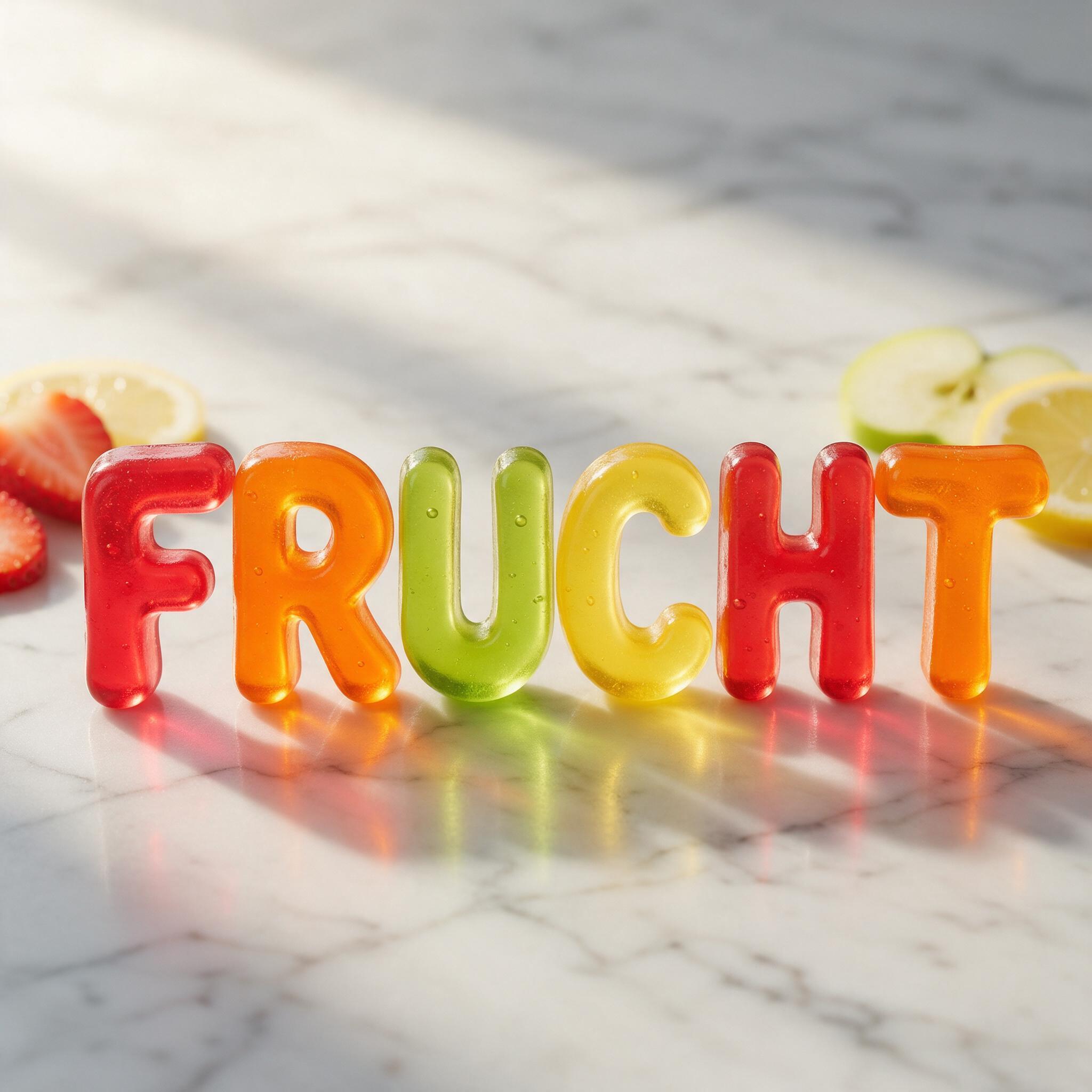 Fruchtgummi-Schrift KI-Schrift, erstellt mit Seedream: das Wort FRUCHT