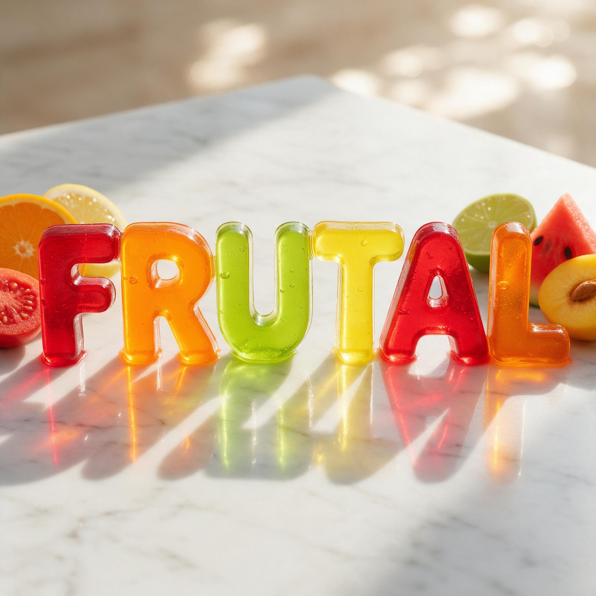 Fuente de IA Letras de gelatina generada con Seedream: la palabra FRUTAL