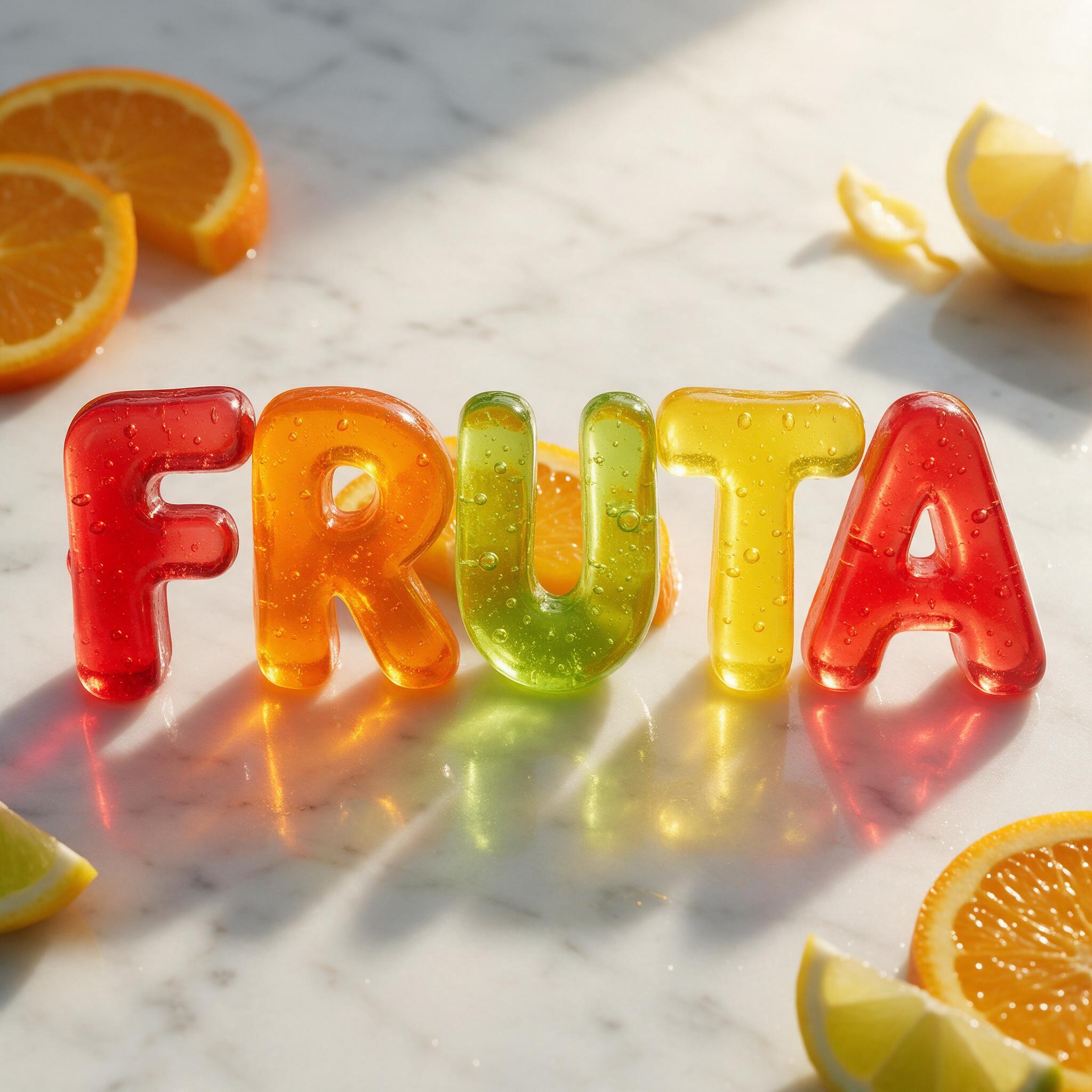 Fonte de IA Letras de gelatina gerada no Seedream: a palavra FRUTA