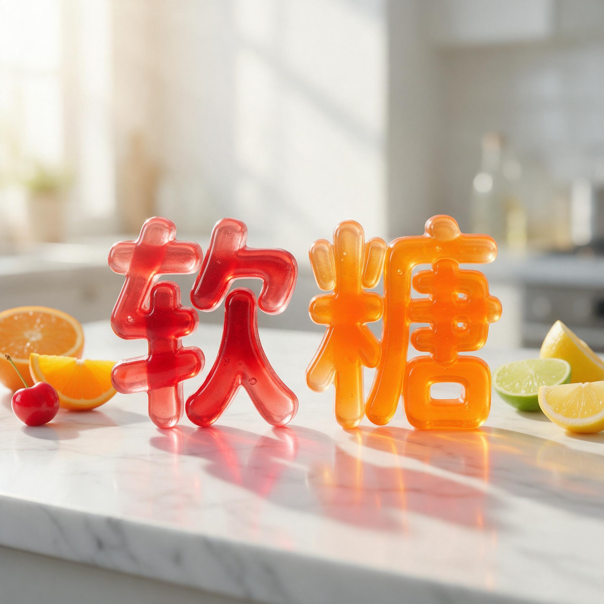 果冻字体 AI 字体在 Seedream 上的生成结果：文字 软糖