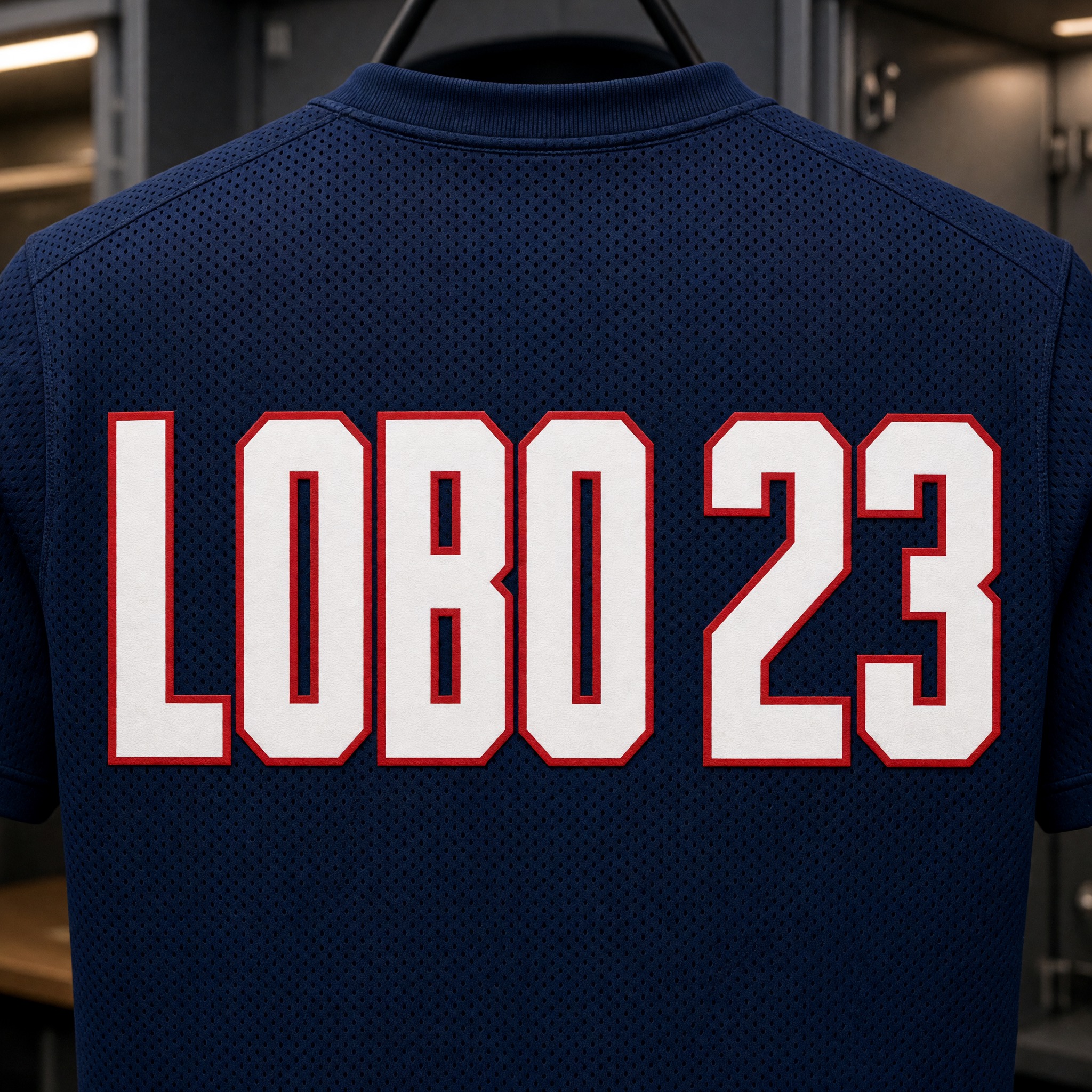 Fuente de IA Letra para números de camiseta generada con Grok Imagine: la palabra LOBO 23