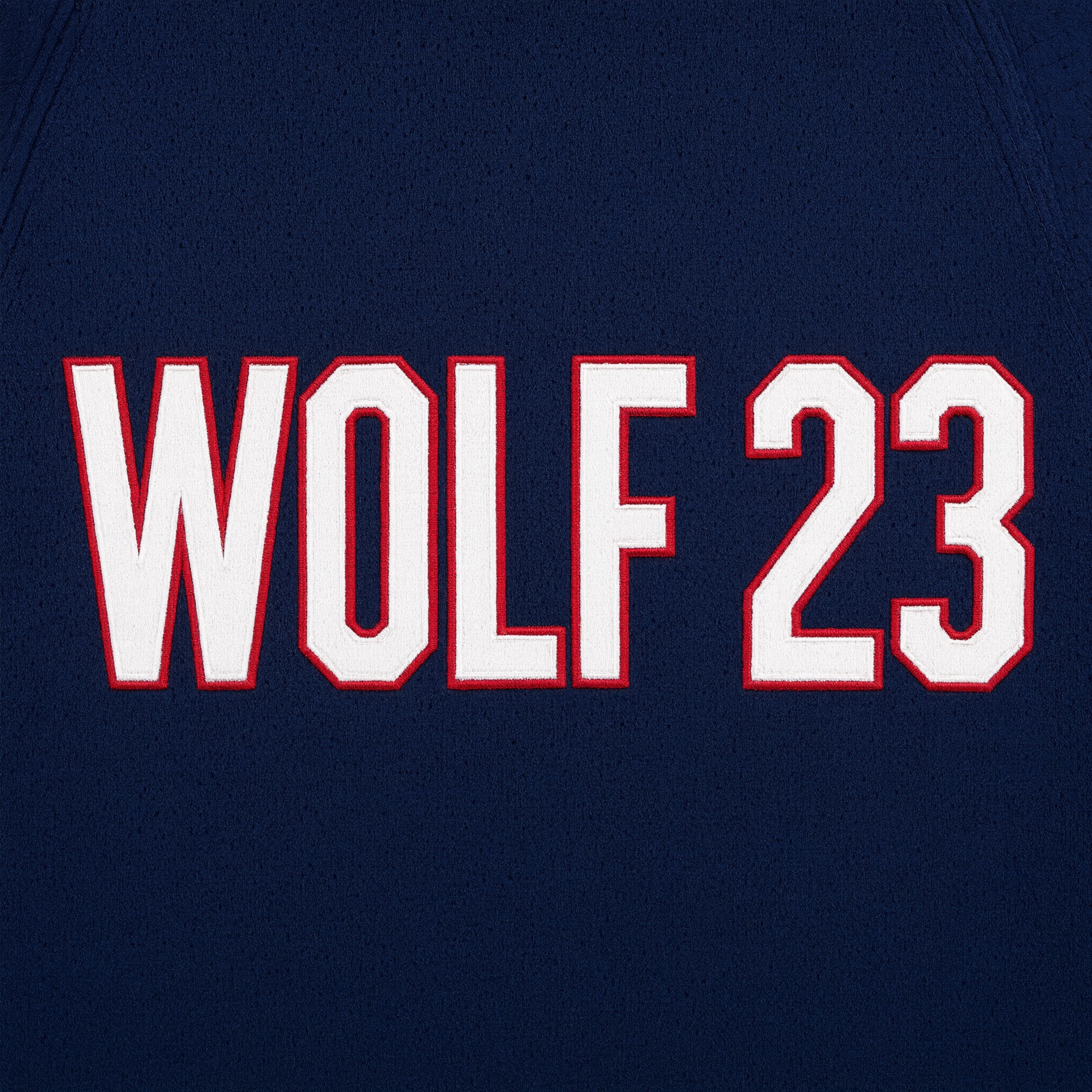 Trikotnummer-Schrift KI-Schrift, erstellt mit Qwen-Image: das Wort WOLF 23