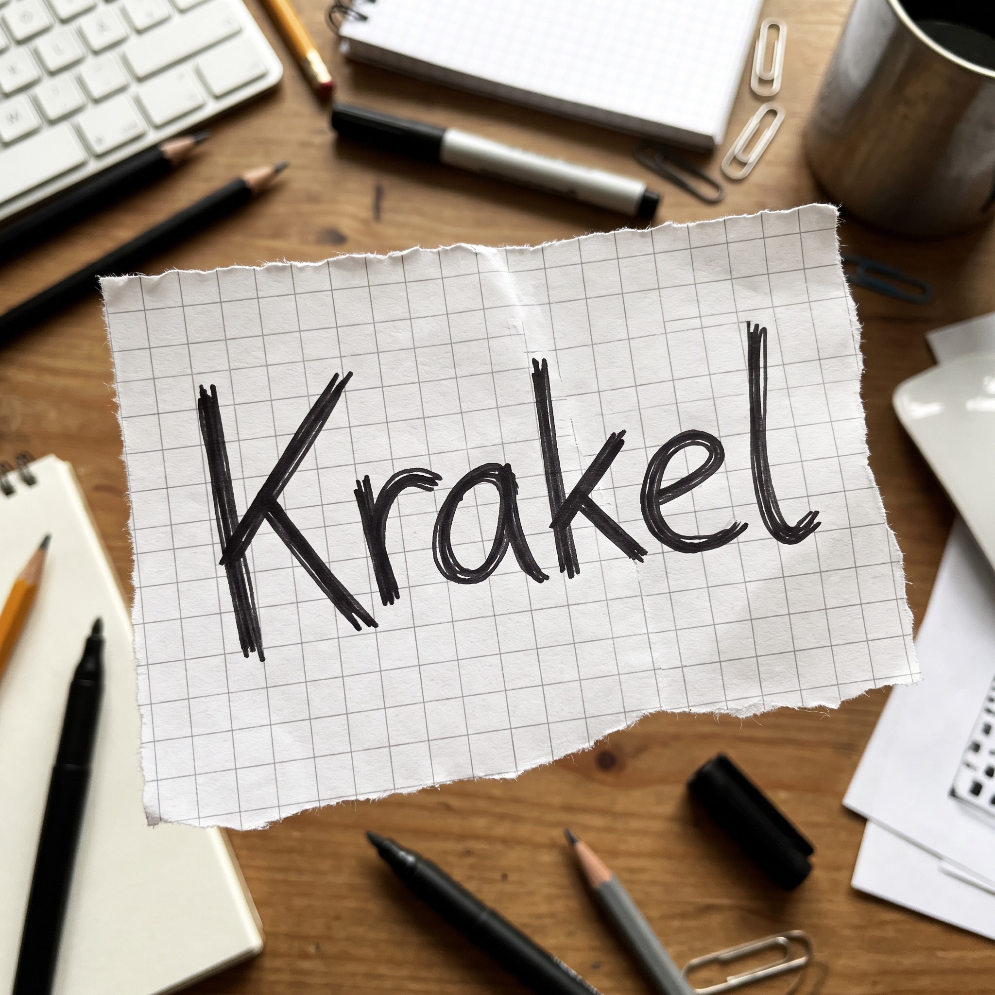 Krakelige Handschrift KI-Schrift, erstellt mit Nano Banana: das Wort Krakel