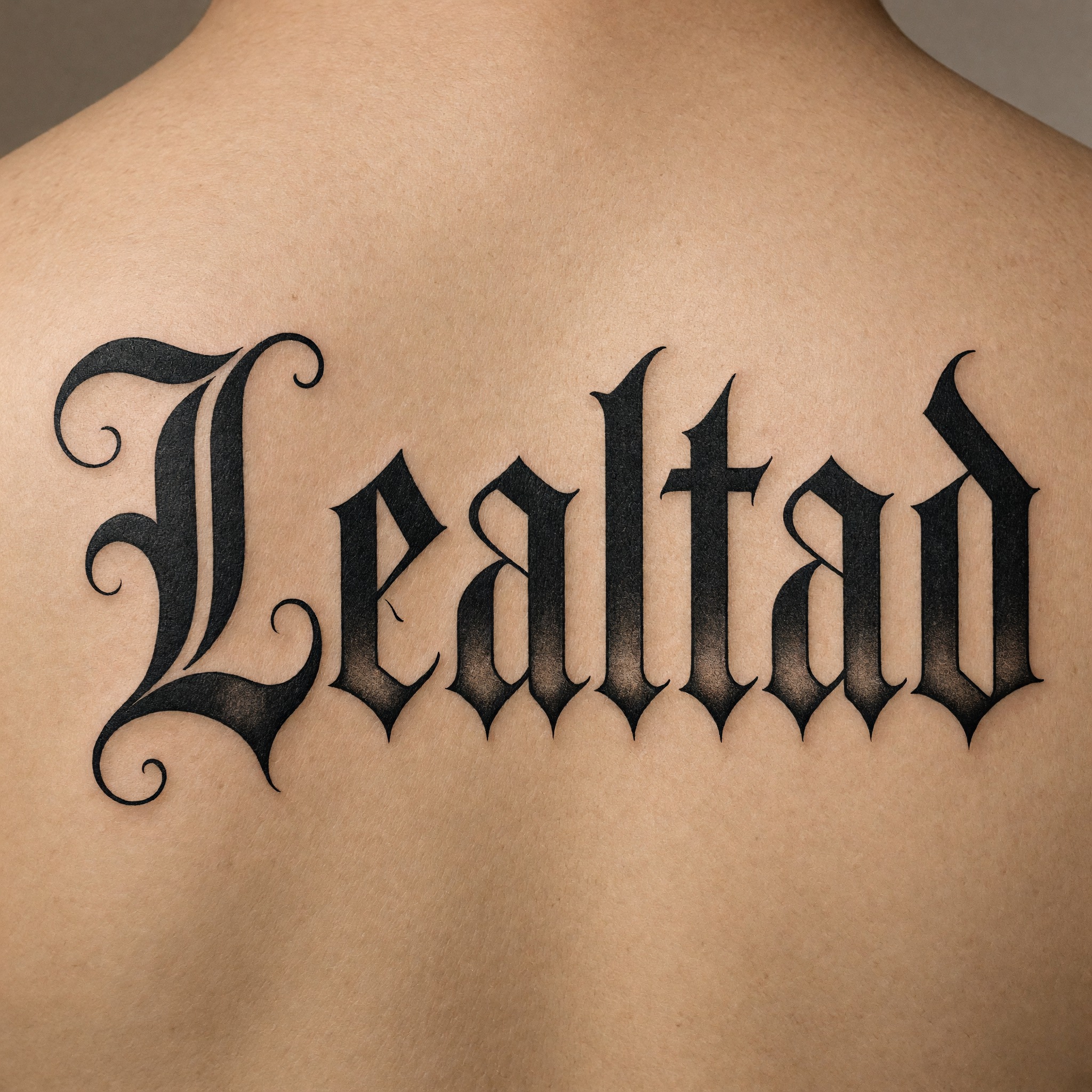 Fuente de IA Letras góticas para tatuajes generada con Grok Imagine: la palabra Lealtad