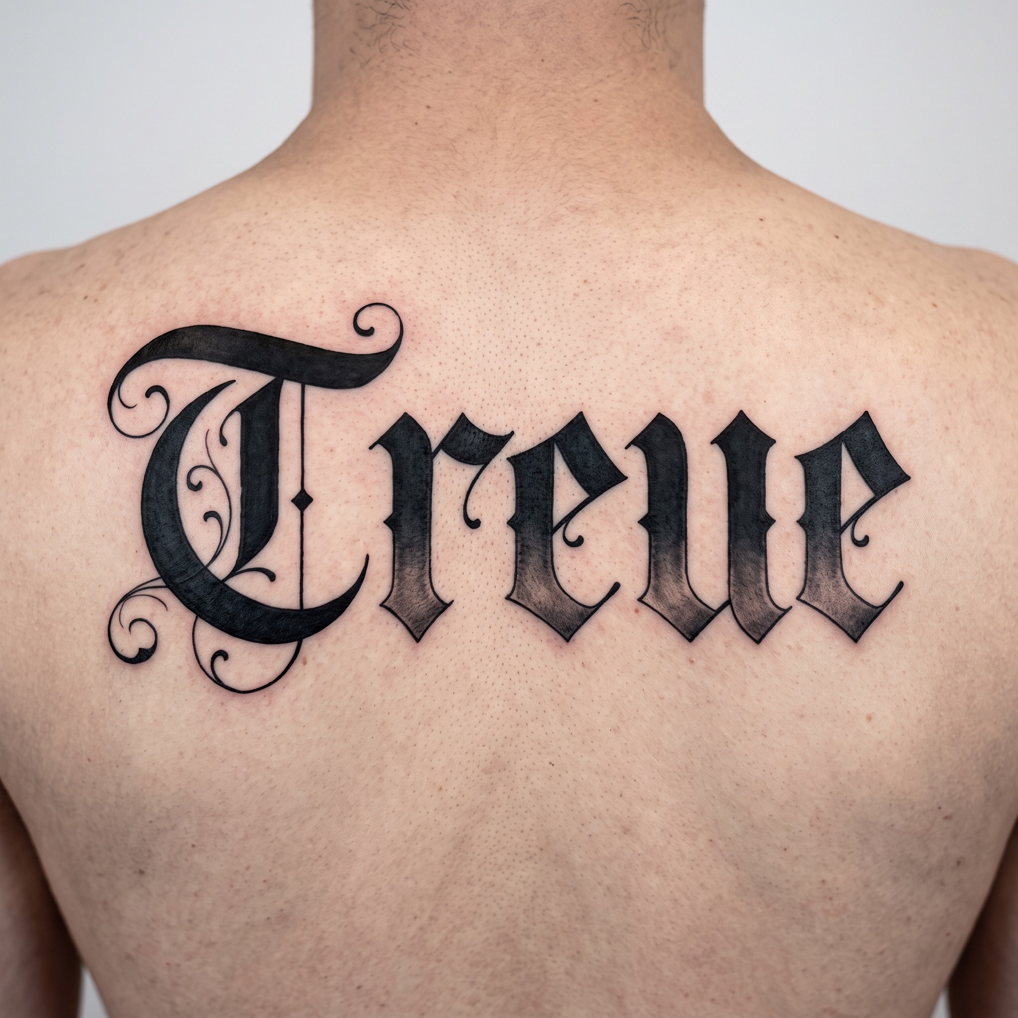 Altdeutsche Tattoo-Schrift KI-Schrift, erstellt mit Nano Banana: das Wort Treue
