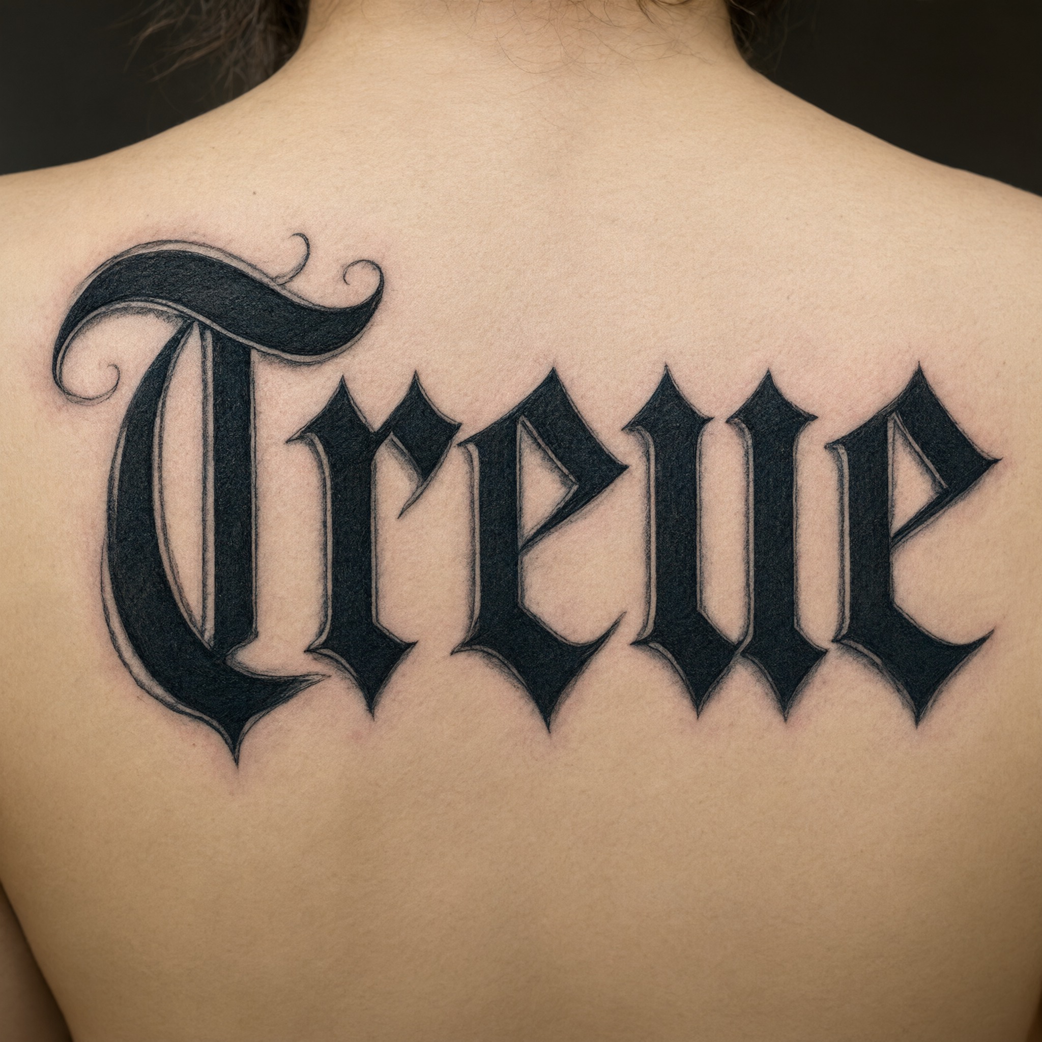 Altdeutsche Tattoo-Schrift KI-Schrift, erstellt mit Qwen-Image: das Wort Treue