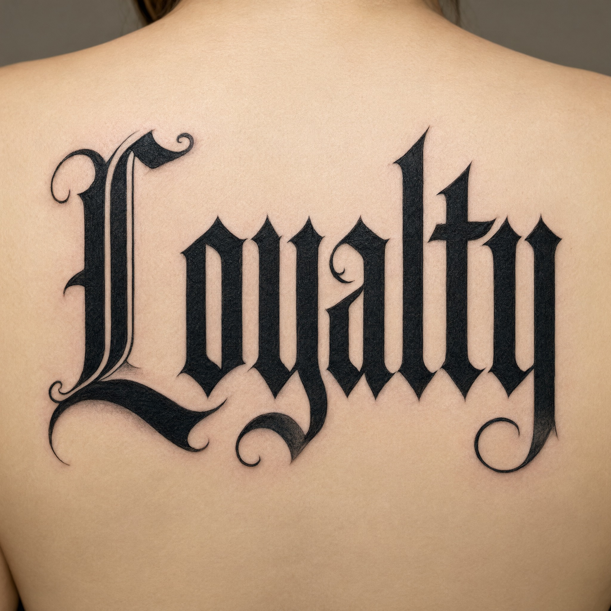 Old English Tattoo AI font generated with Qwen-Image: the word Loyalty