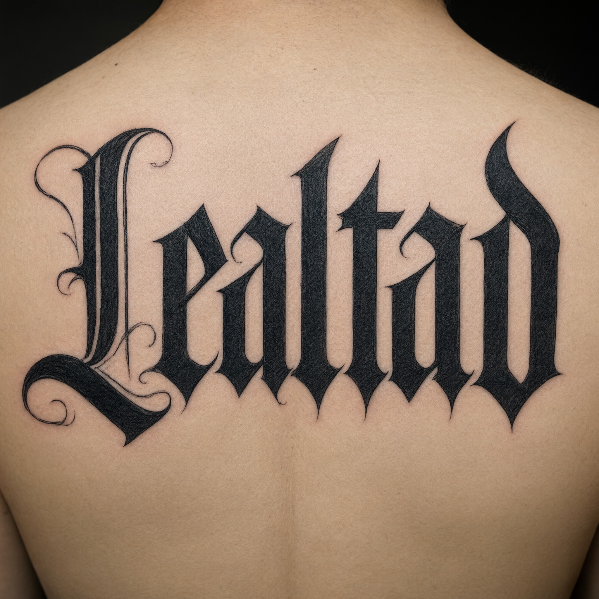 Fuente de IA Letras góticas para tatuajes generada con Qwen-Image: la palabra Lealtad