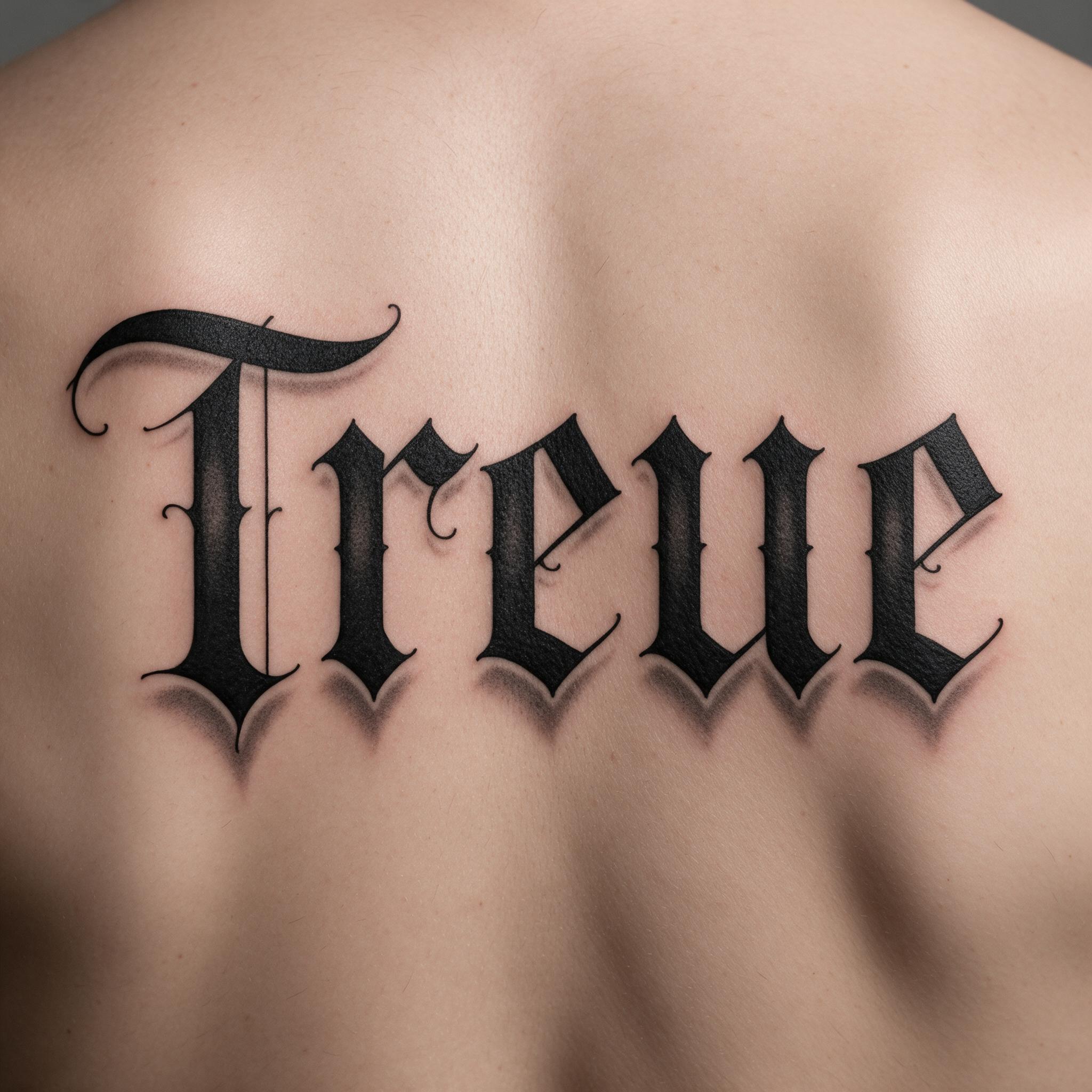 Altdeutsche Tattoo-Schrift KI-Schrift, erstellt mit Seedream: das Wort Treue