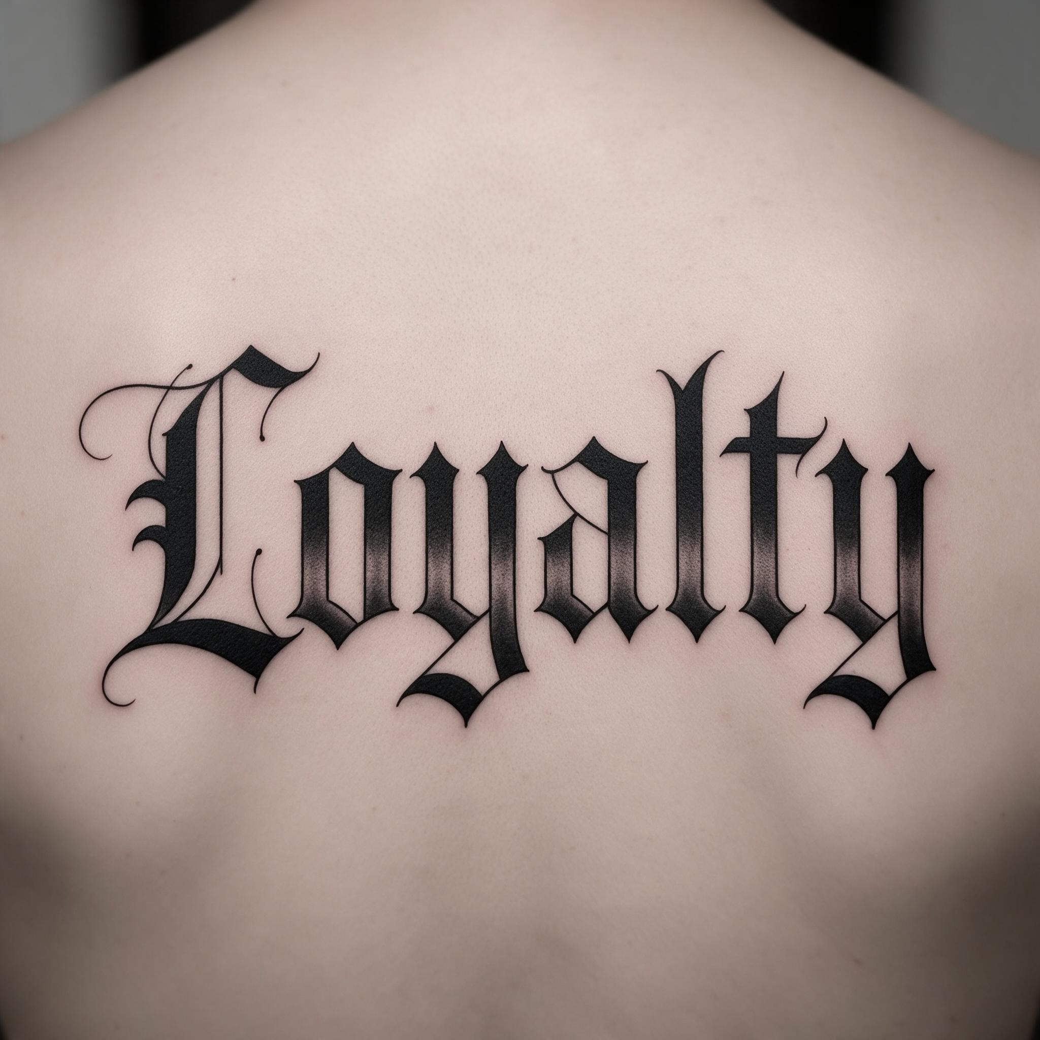 Old English Tattoo AI font generated with Seedream: the word Loyalty