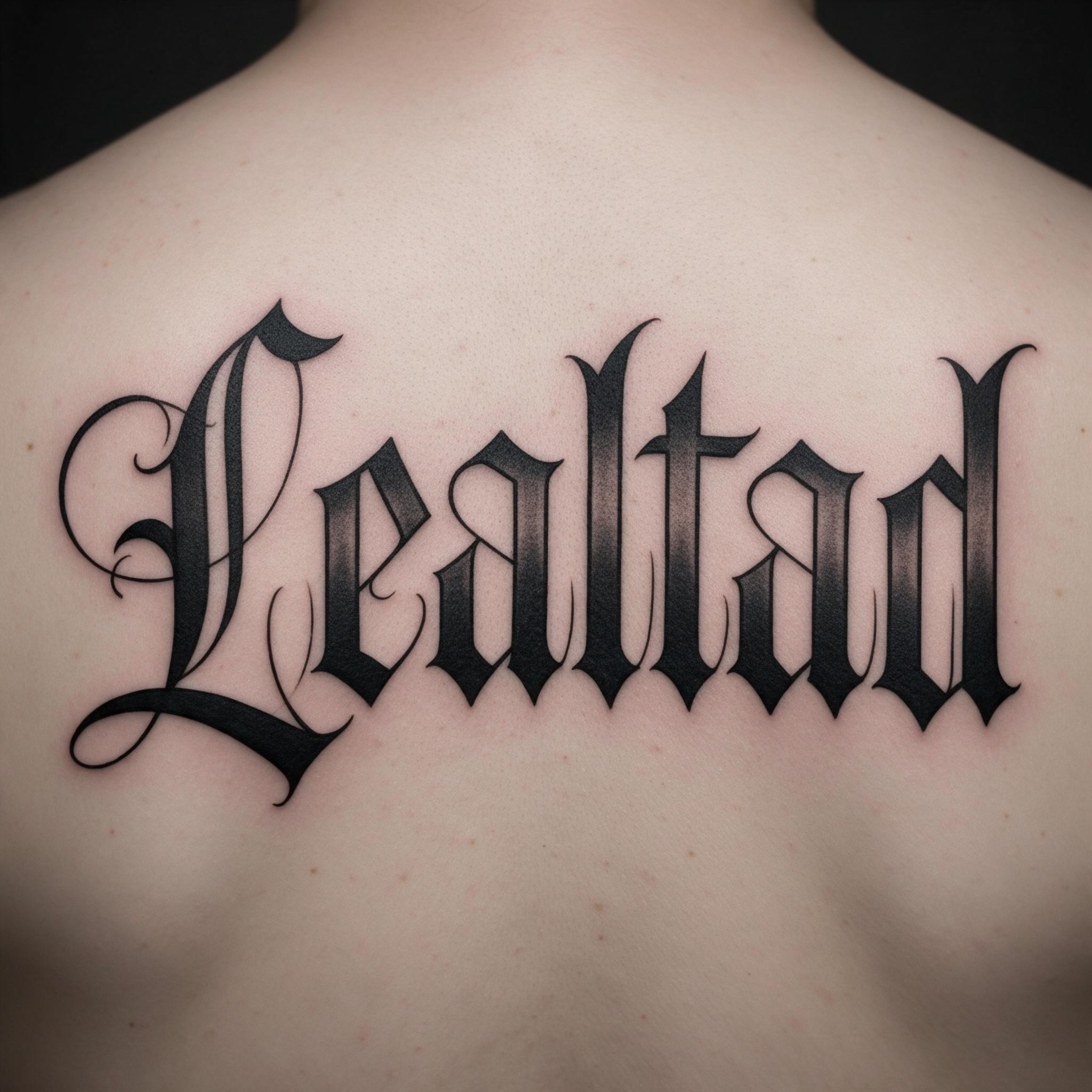 Fuente de IA Letras góticas para tatuajes generada con Seedream: la palabra Lealtad
