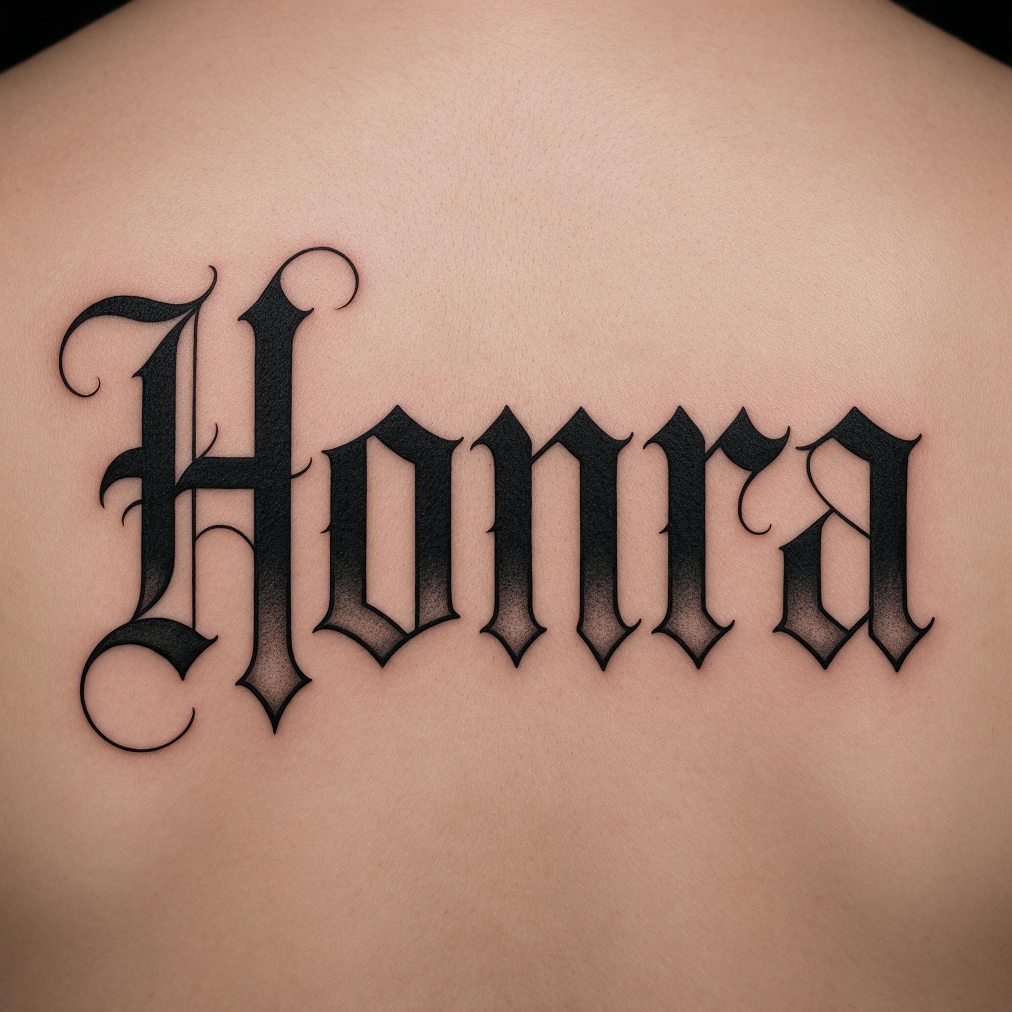 Fonte de IA Letra gótica para tatuagem gerada no Seedream: a palavra Honra