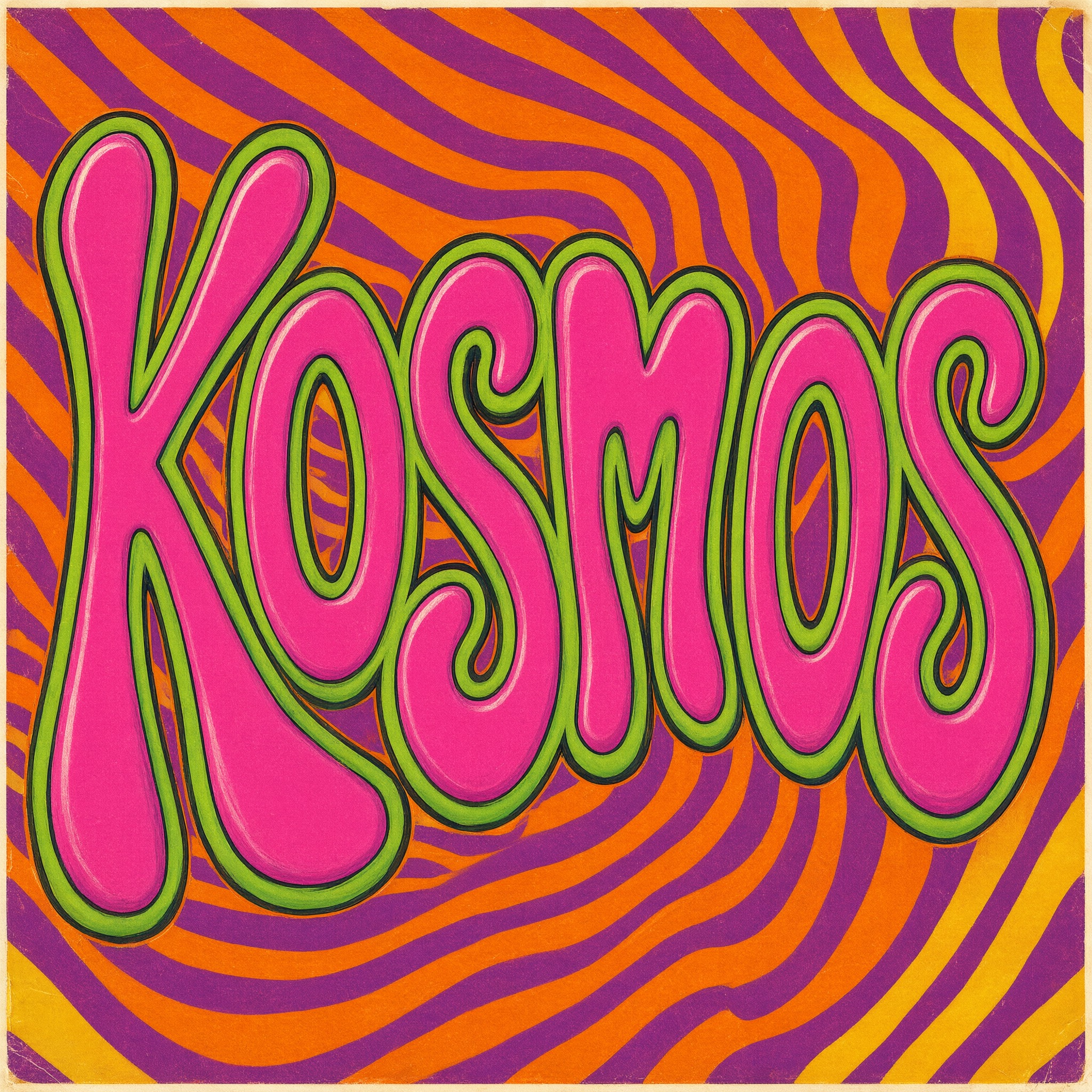 Psychedelische Schrift KI-Schrift, erstellt mit Qwen-Image: das Wort Kosmos