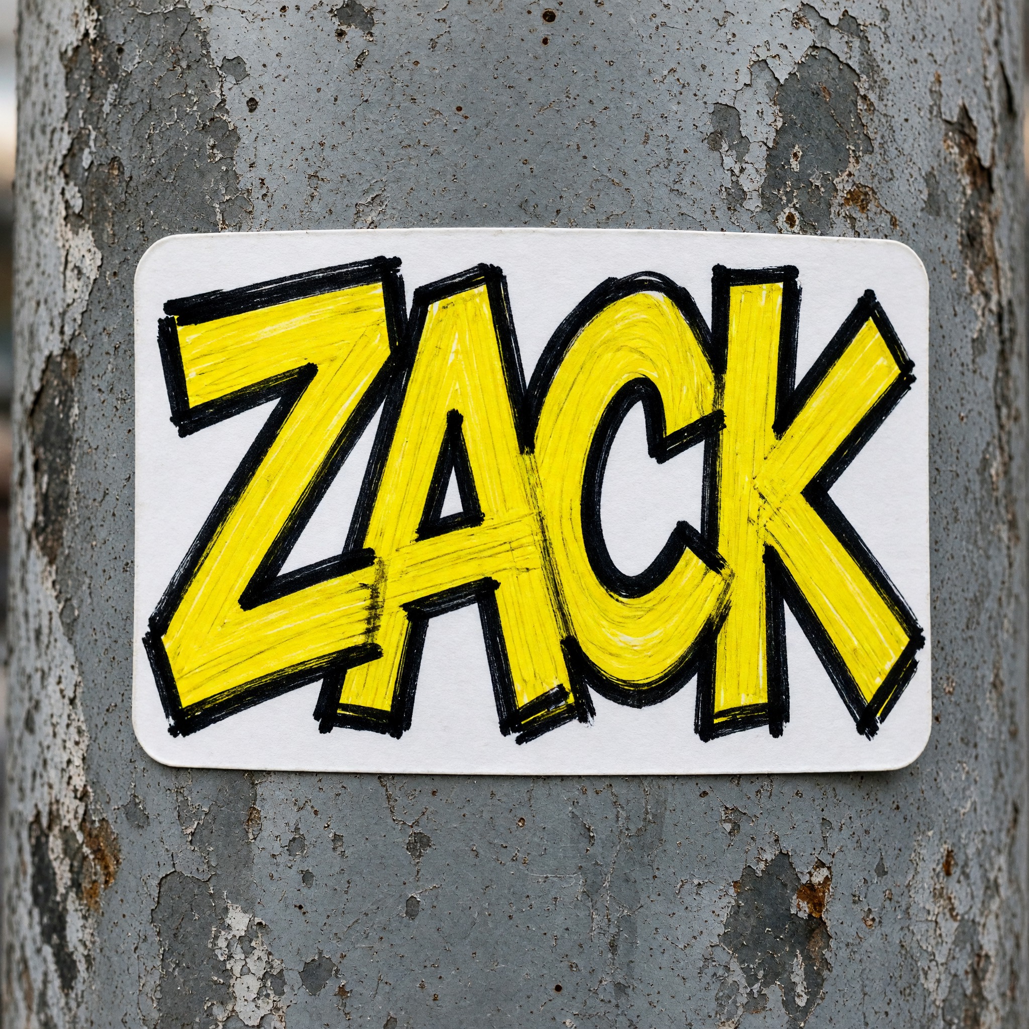 Graffiti-Sticker KI-Schrift, erstellt mit Grok Imagine: das Wort ZACK