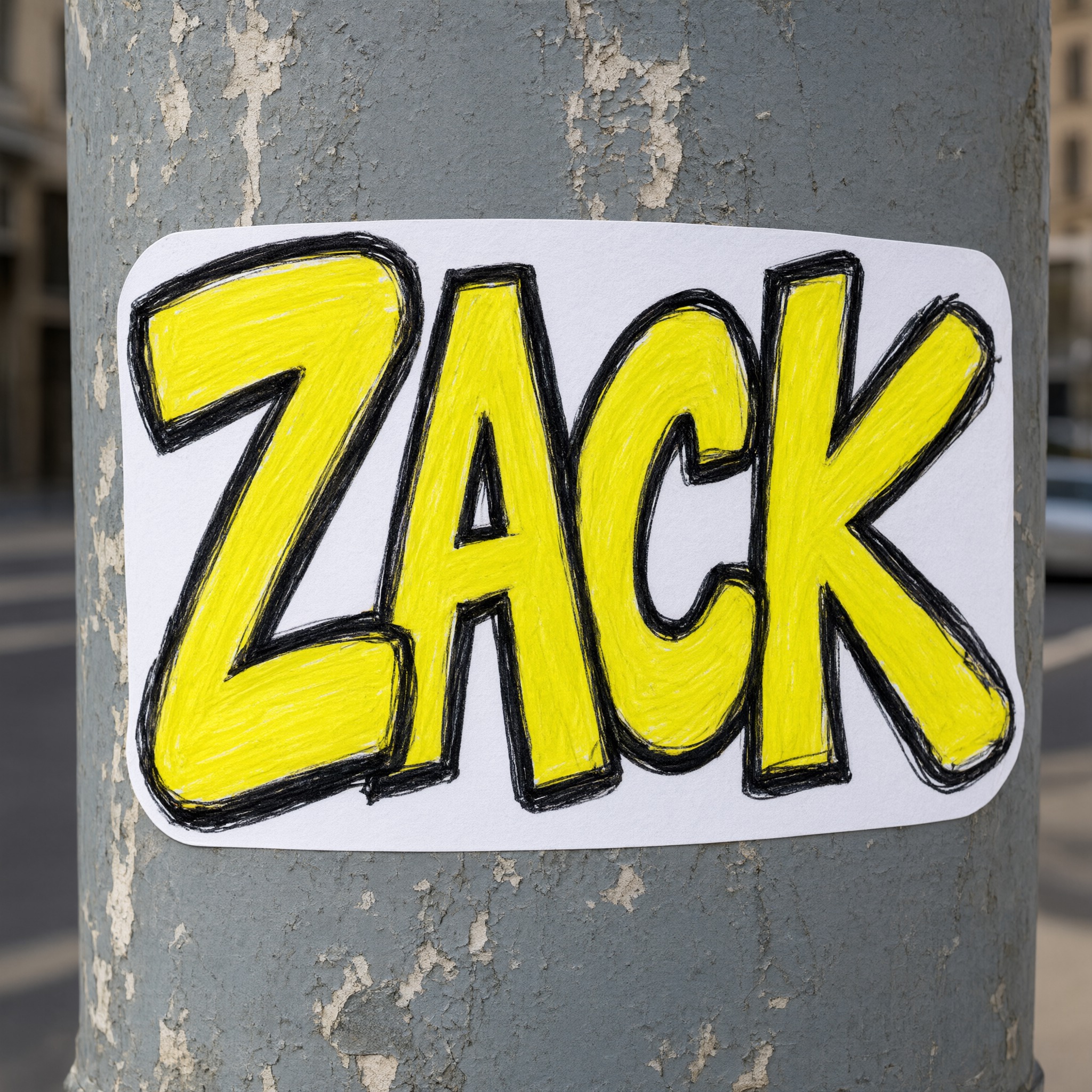 Graffiti-Sticker KI-Schrift, erstellt mit Qwen-Image: das Wort ZACK