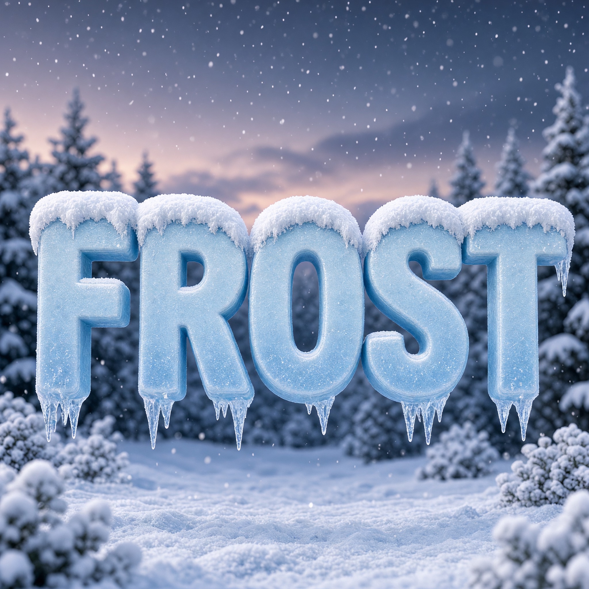 Schnee Schrift KI-Schrift, erstellt mit Grok Imagine: das Wort FROST