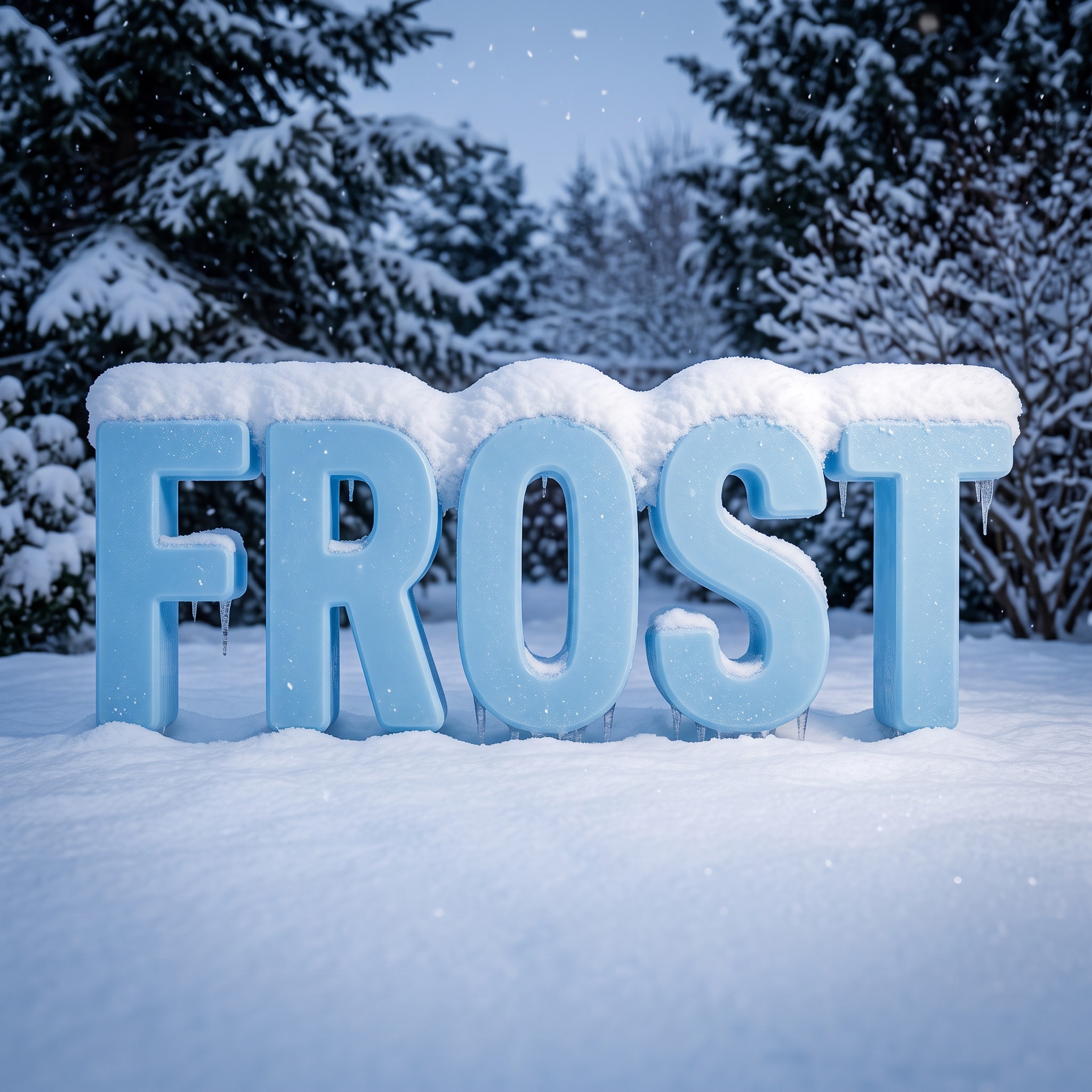 Schnee Schrift KI-Schrift, erstellt mit Nano Banana: das Wort FROST