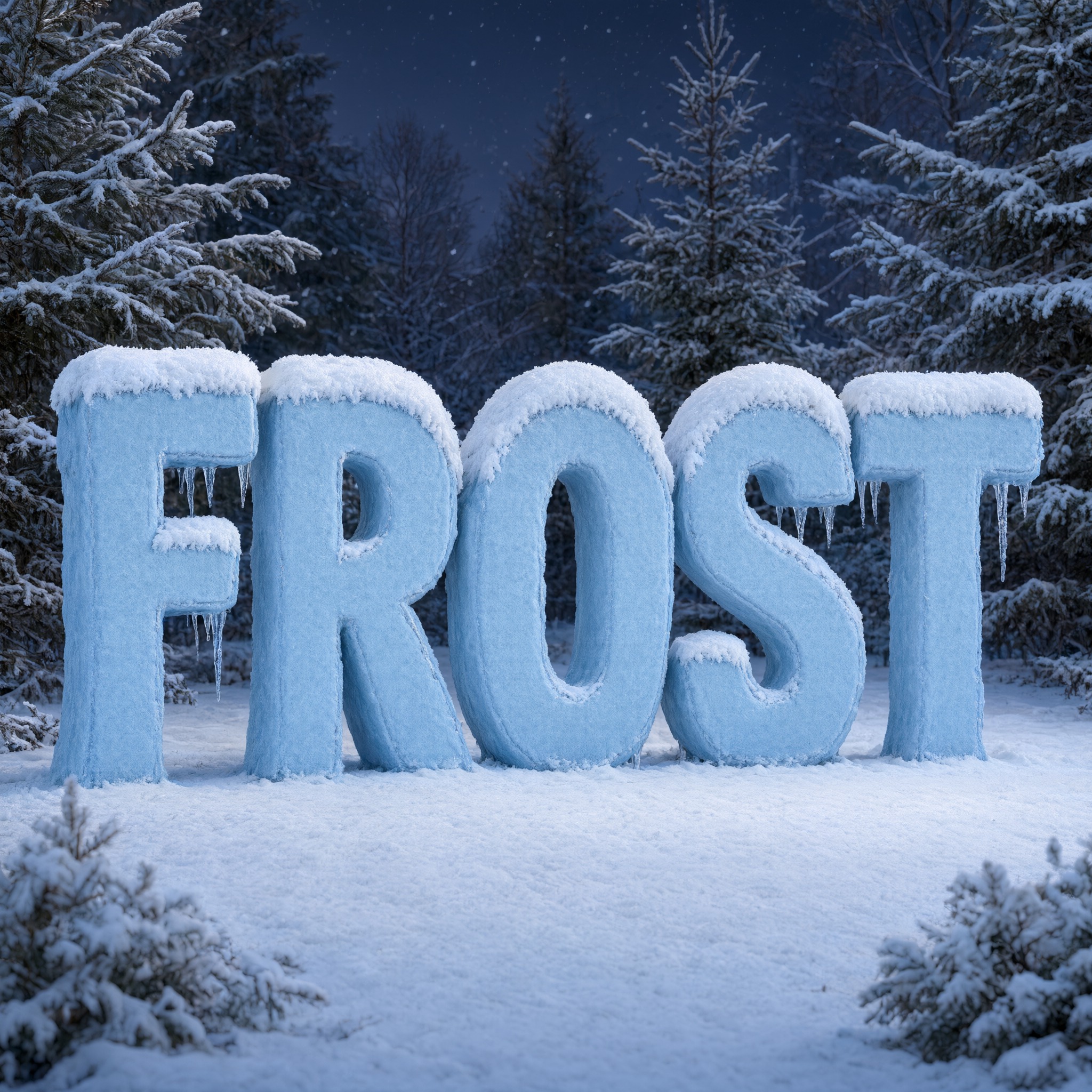 Schnee Schrift KI-Schrift, erstellt mit Qwen-Image: das Wort FROST