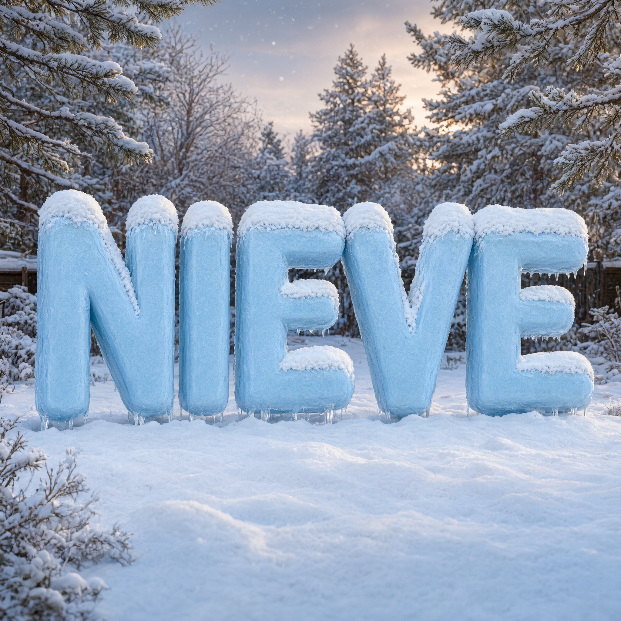 Fuente de IA Letras con nieve generada con Qwen-Image: la palabra NIEVE