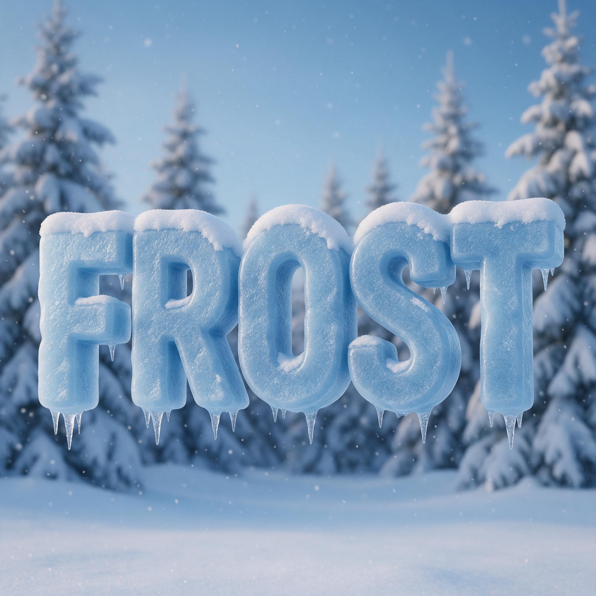 Schnee Schrift KI-Schrift, erstellt mit Seedream: das Wort FROST