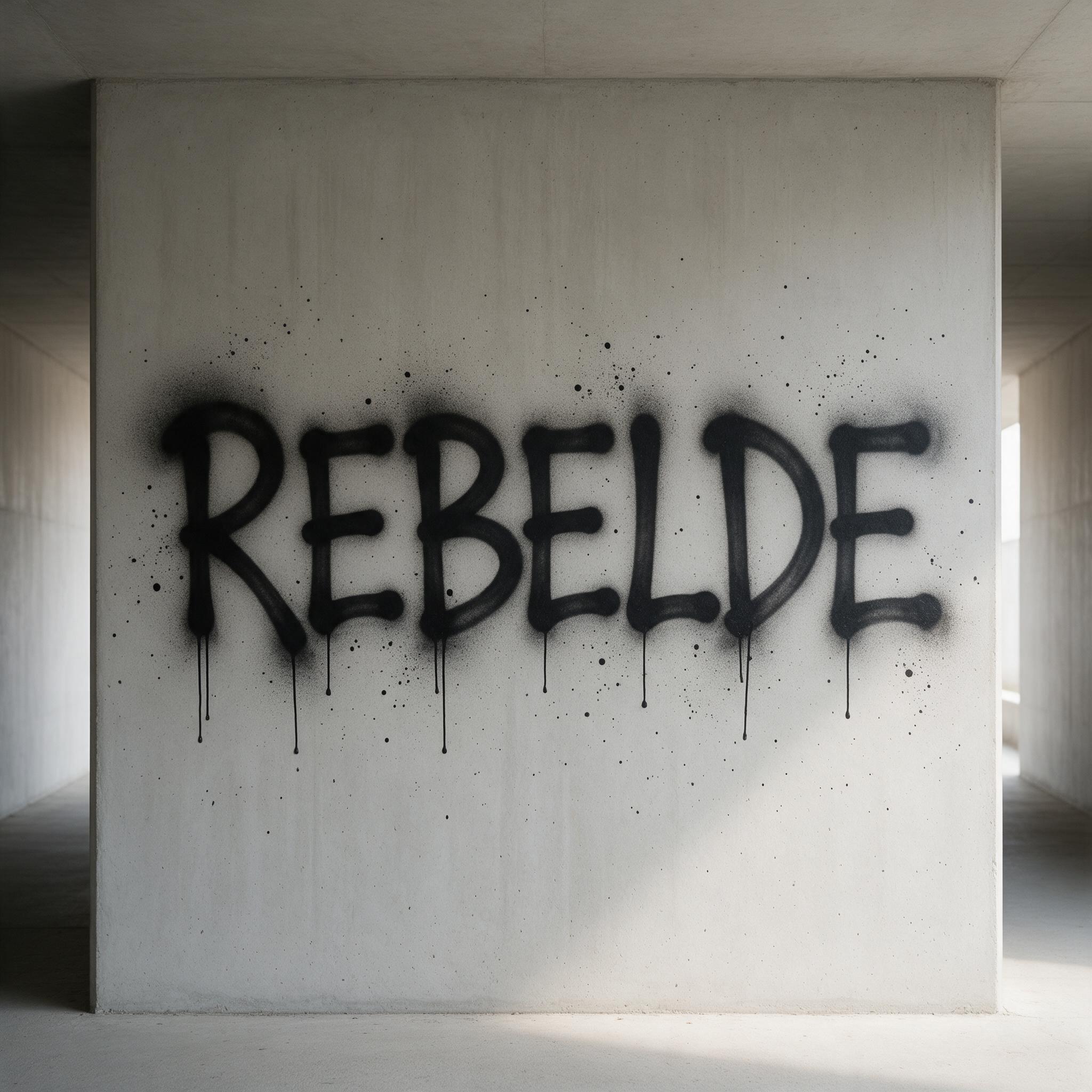 Fuente de IA Letras de spray generada con Seedream: la palabra REBELDE