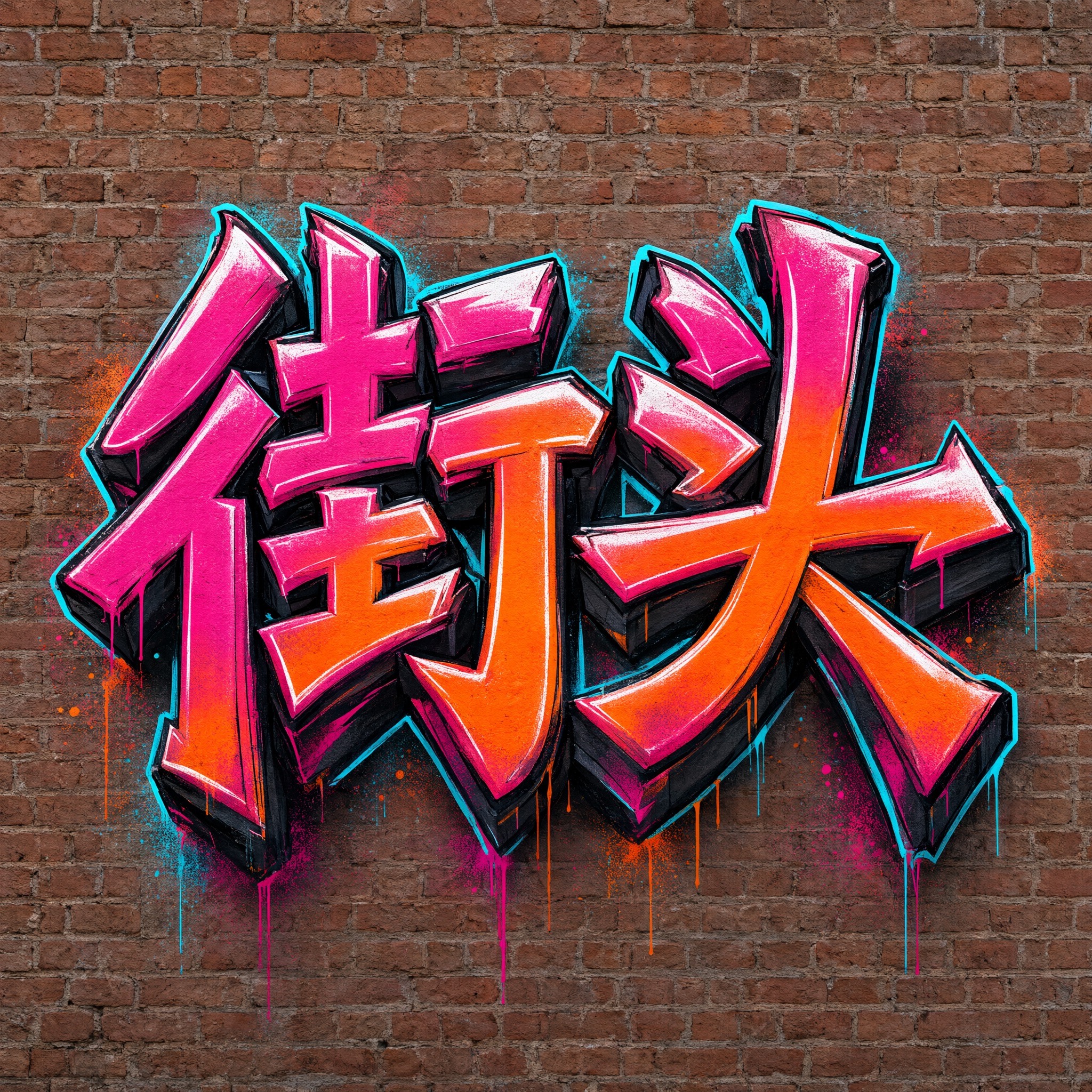 落日涂鸦 AI 字体在 Qwen-Image 上的生成结果：文字 街头
