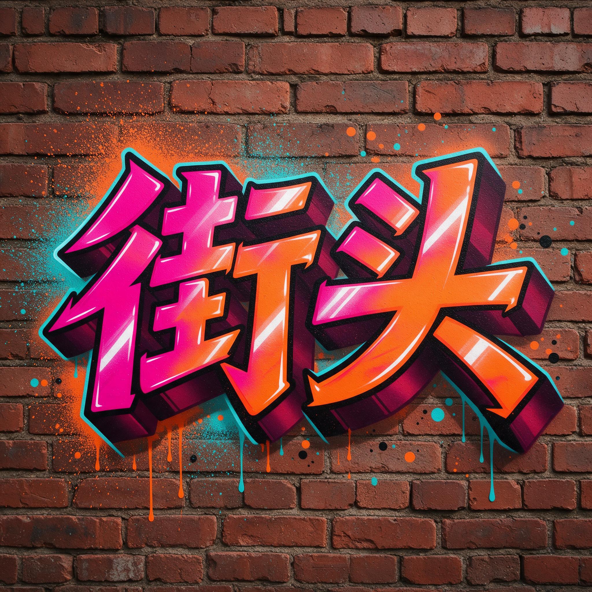 落日涂鸦 AI 字体在 Seedream 上的生成结果：文字 街头
