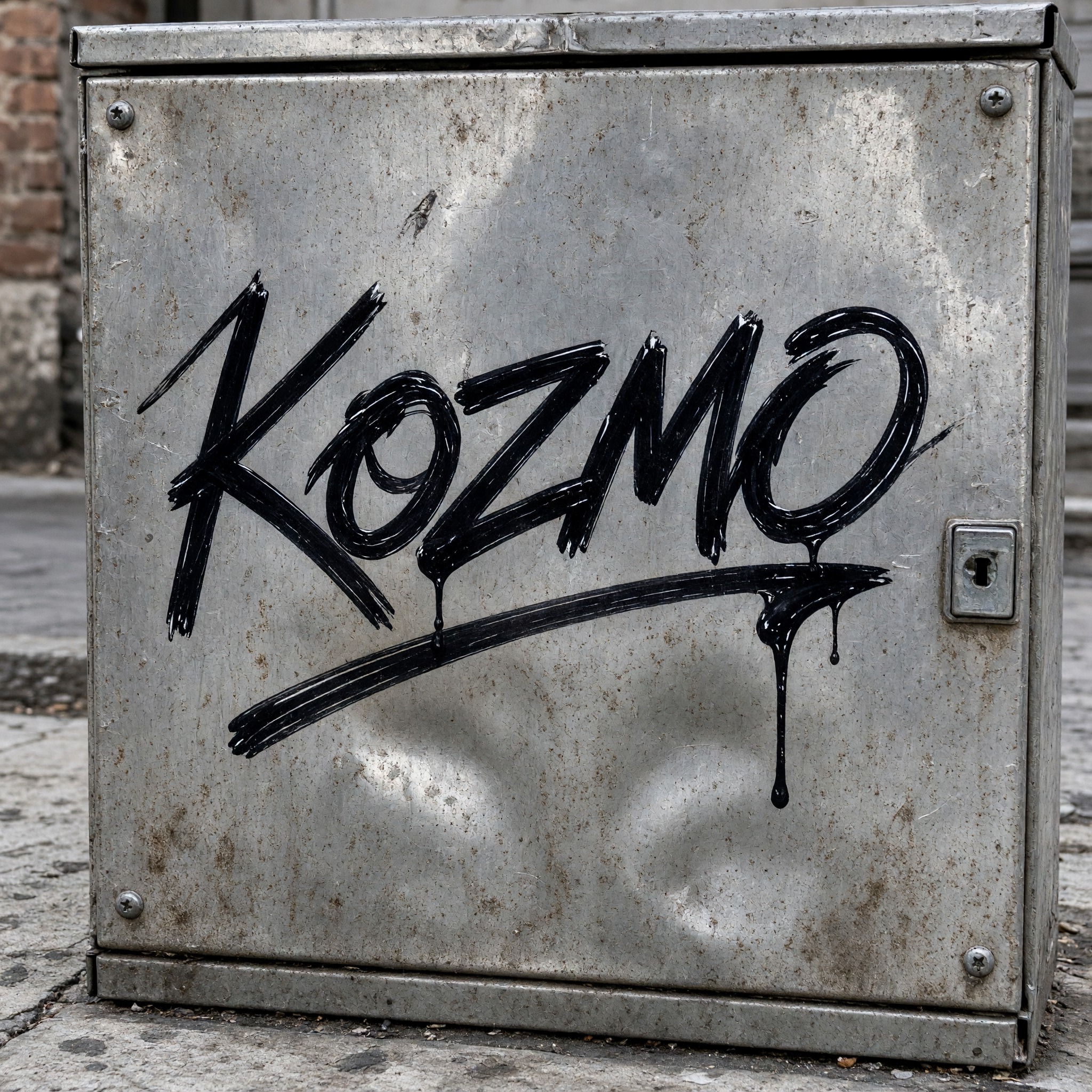 Tagging Letters AI font generated with Grok Imagine: the word Kozmo