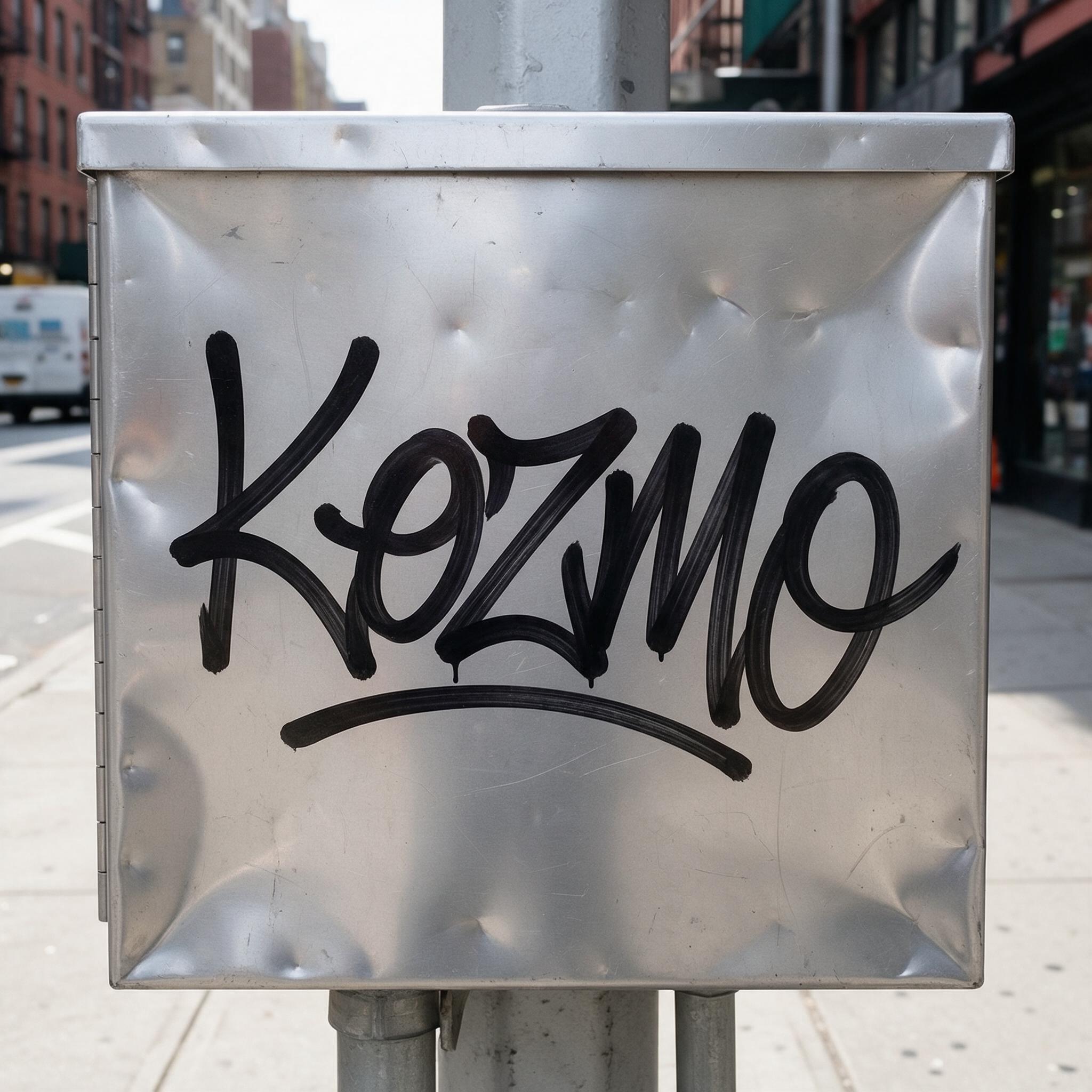 Tagging Letters AI font generated with Seedream: the word Kozmo