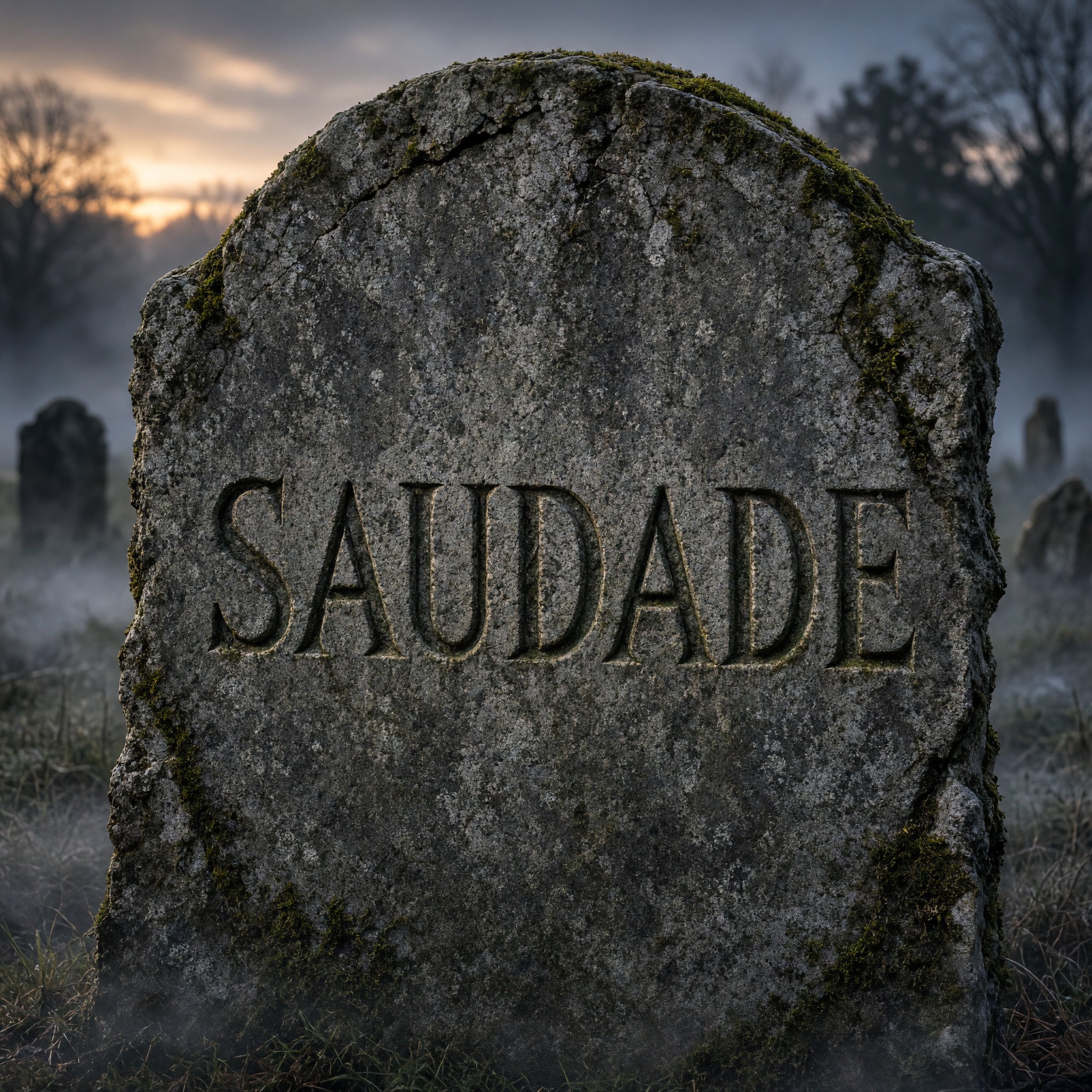 Fonte de IA Letras de lápide gerada no Grok Imagine: a palavra SAUDADE