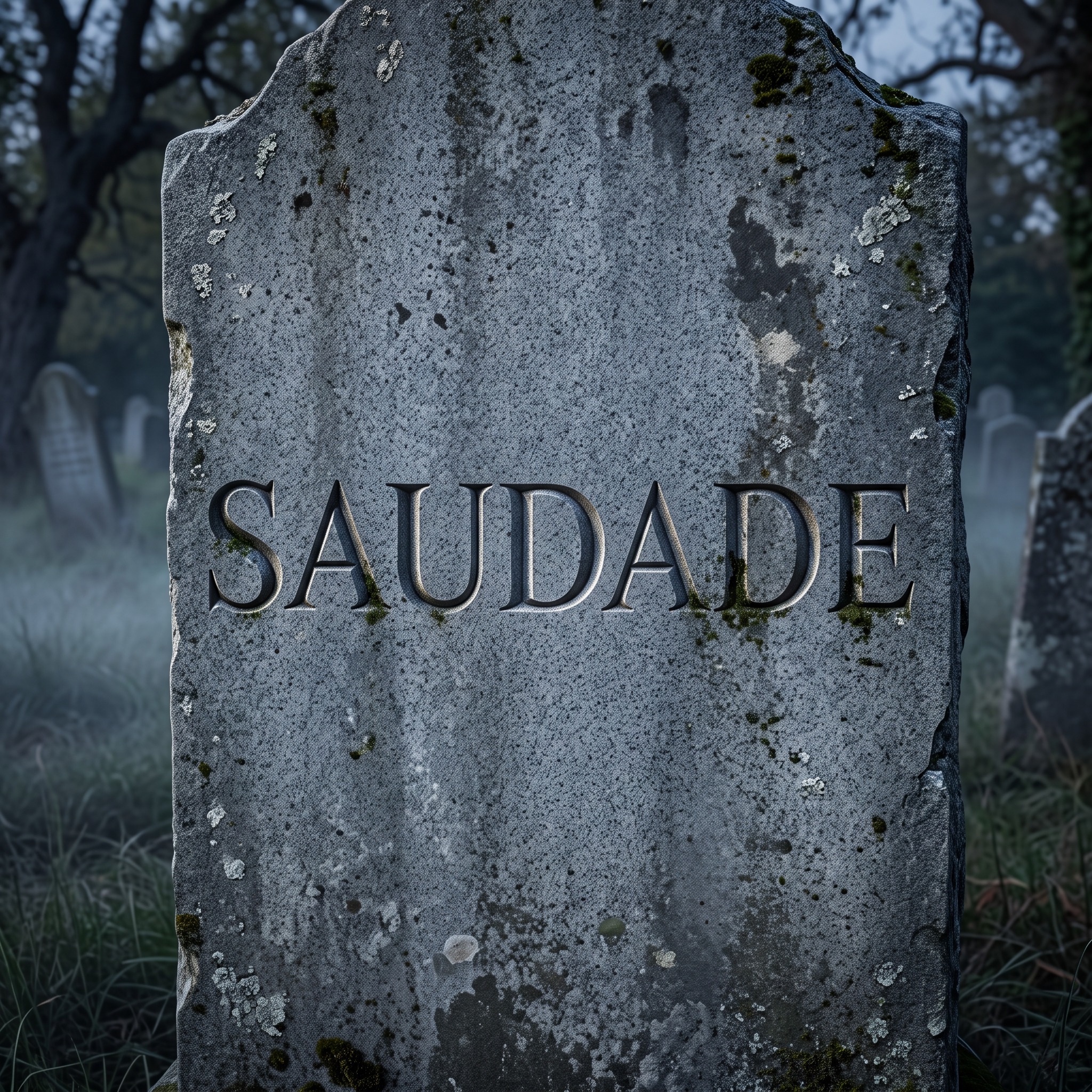 Fonte de IA Letras de lápide gerada no Nano Banana: a palavra SAUDADE