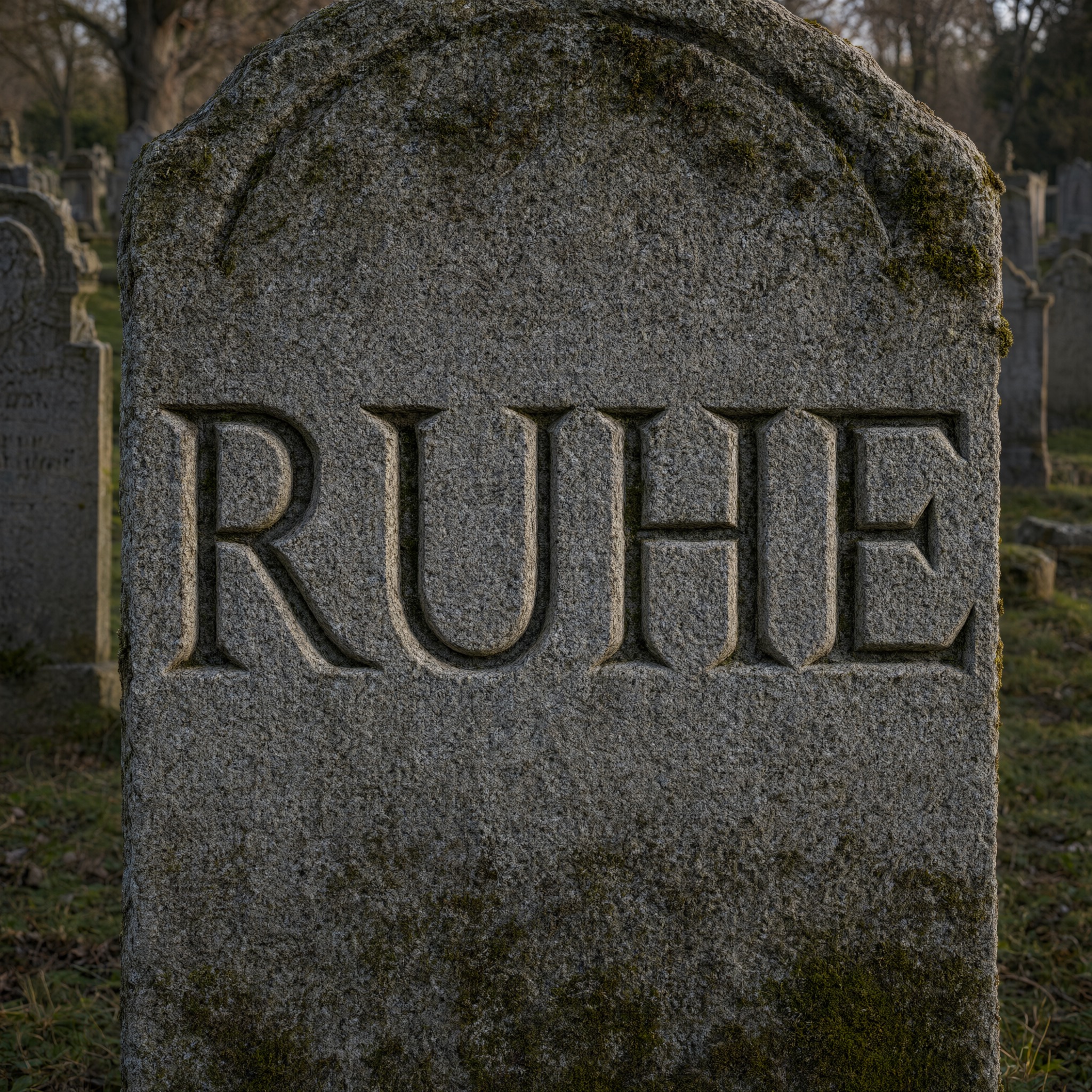 Grabstein-Schrift KI-Schrift, erstellt mit Qwen-Image: das Wort RUHE
