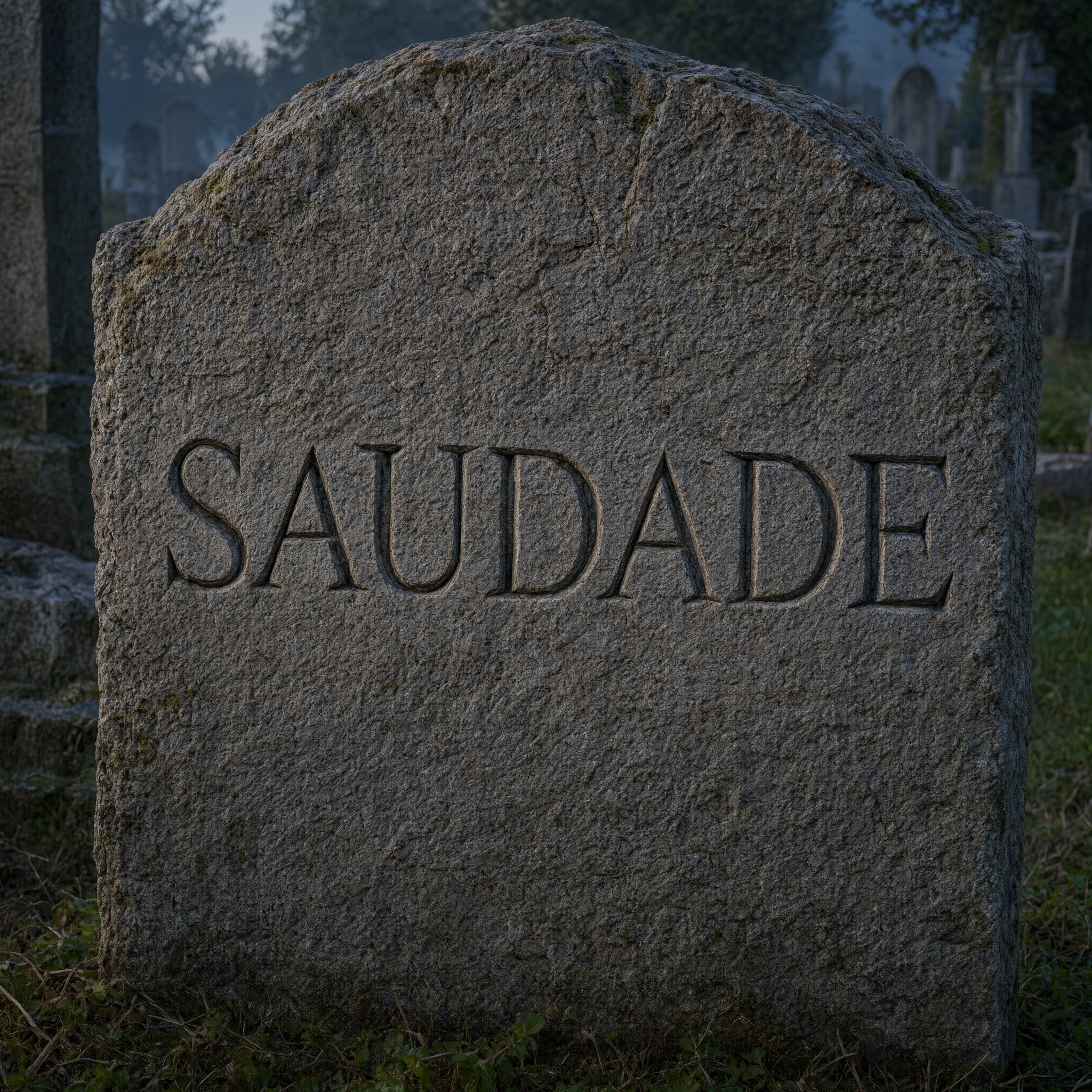 Fonte de IA Letras de lápide gerada no Qwen-Image: a palavra SAUDADE