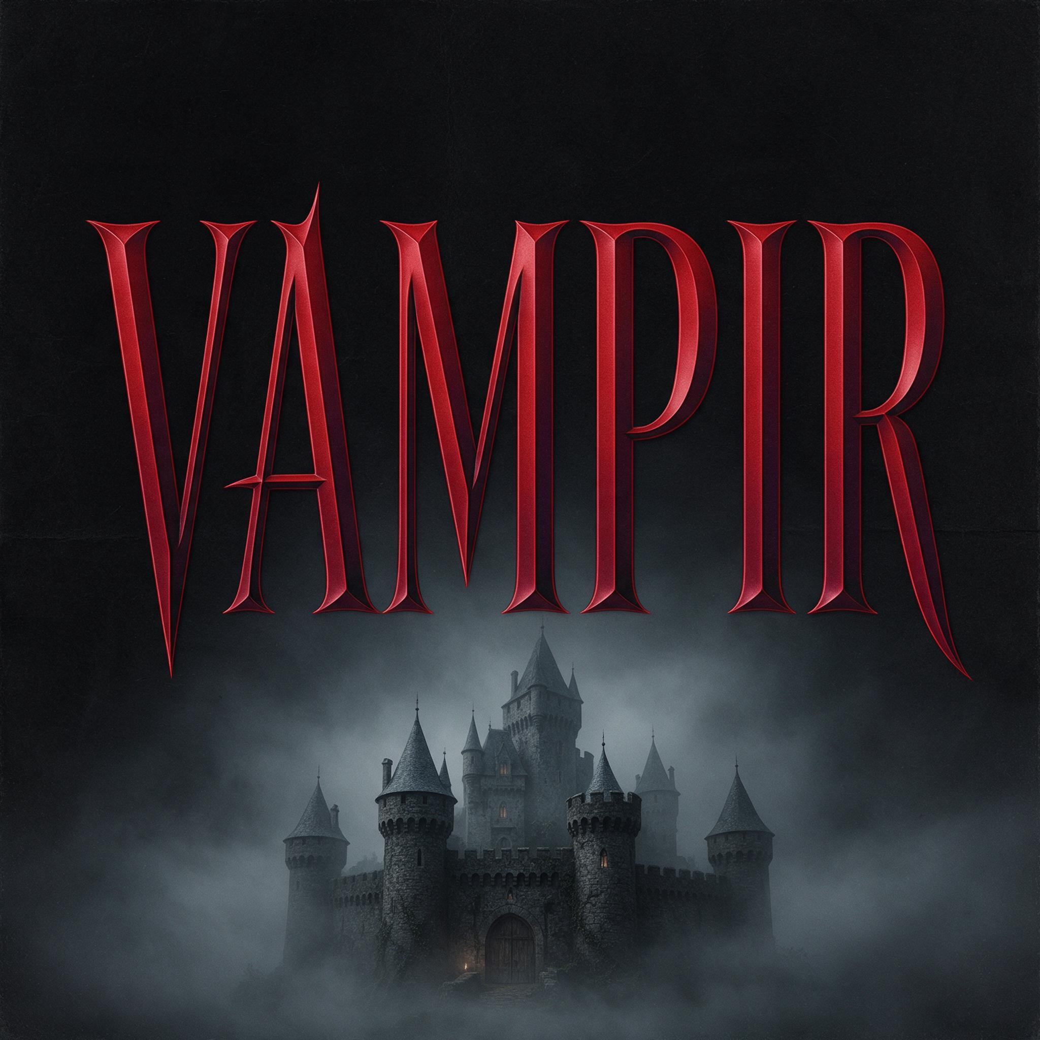 Vampir-Schrift KI-Schrift, erstellt mit Seedream: das Wort VAMPIR