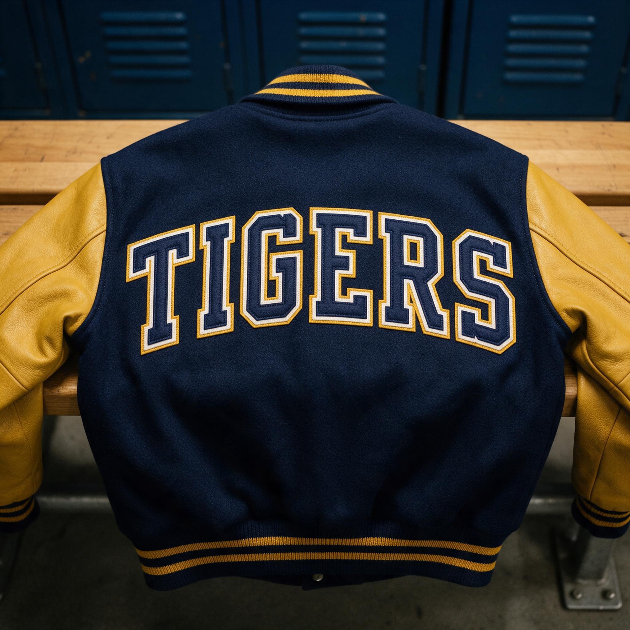 Varsity Font AI font generated with Seedream: the word TIGERS