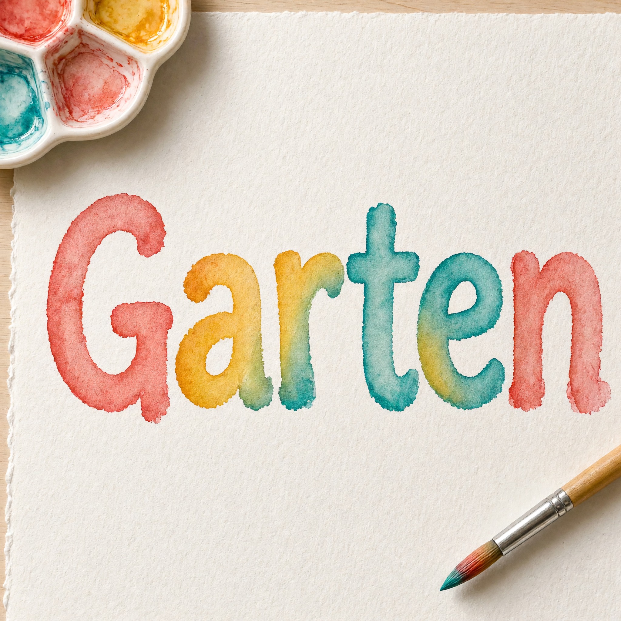 Aquarell-Schrift KI-Schrift, erstellt mit Grok Imagine: das Wort Garten