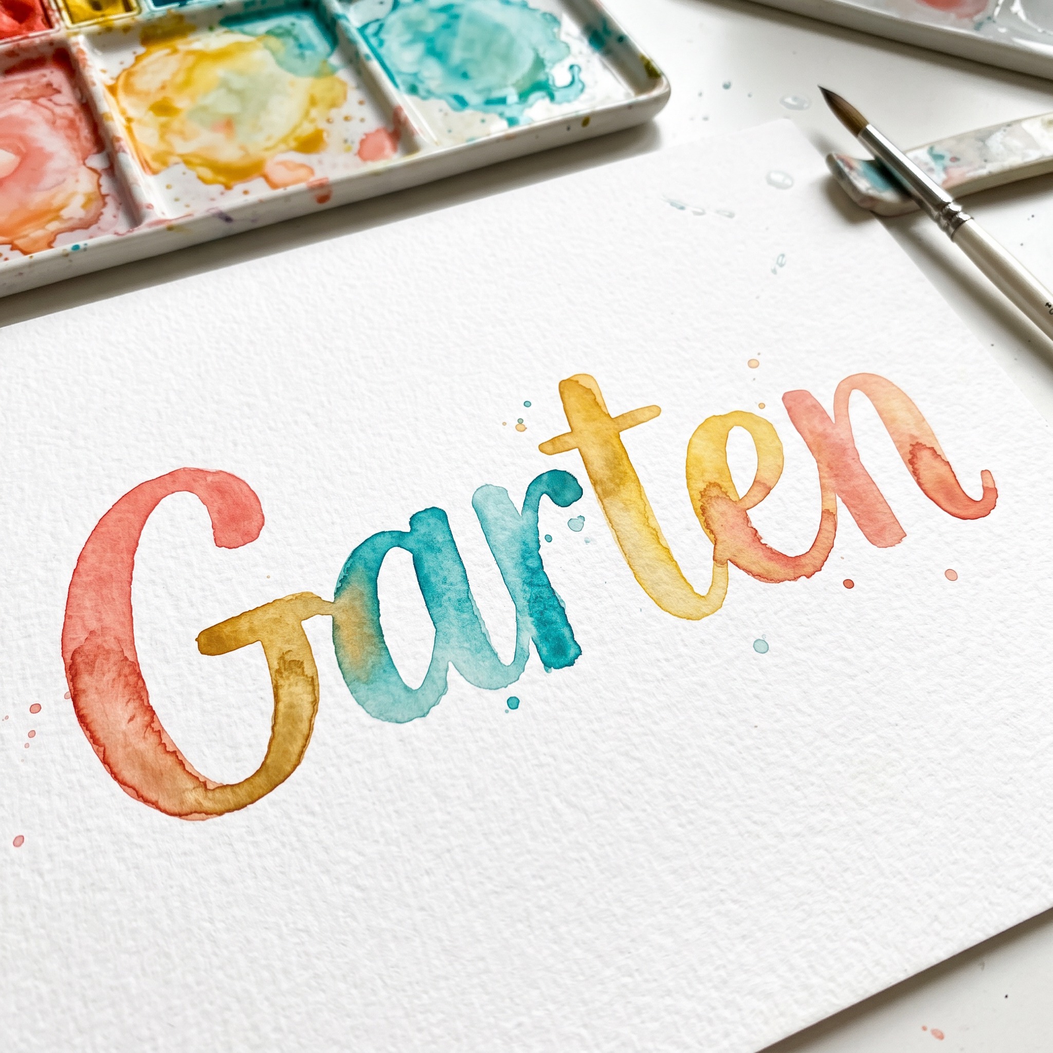 Aquarell-Schrift KI-Schrift, erstellt mit Nano Banana: das Wort Garten