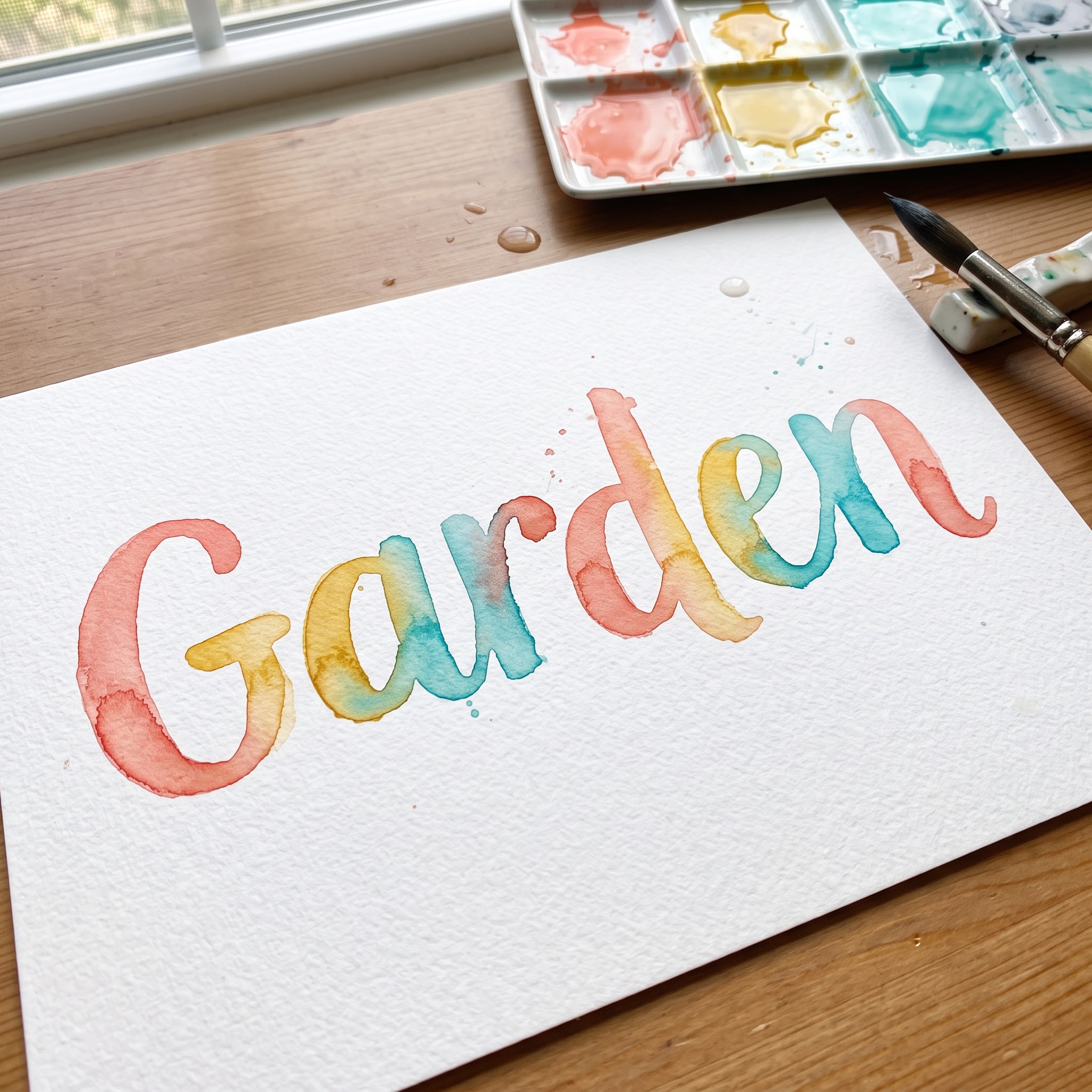Watercolor Font AI font generated with Nano Banana: the word Garden