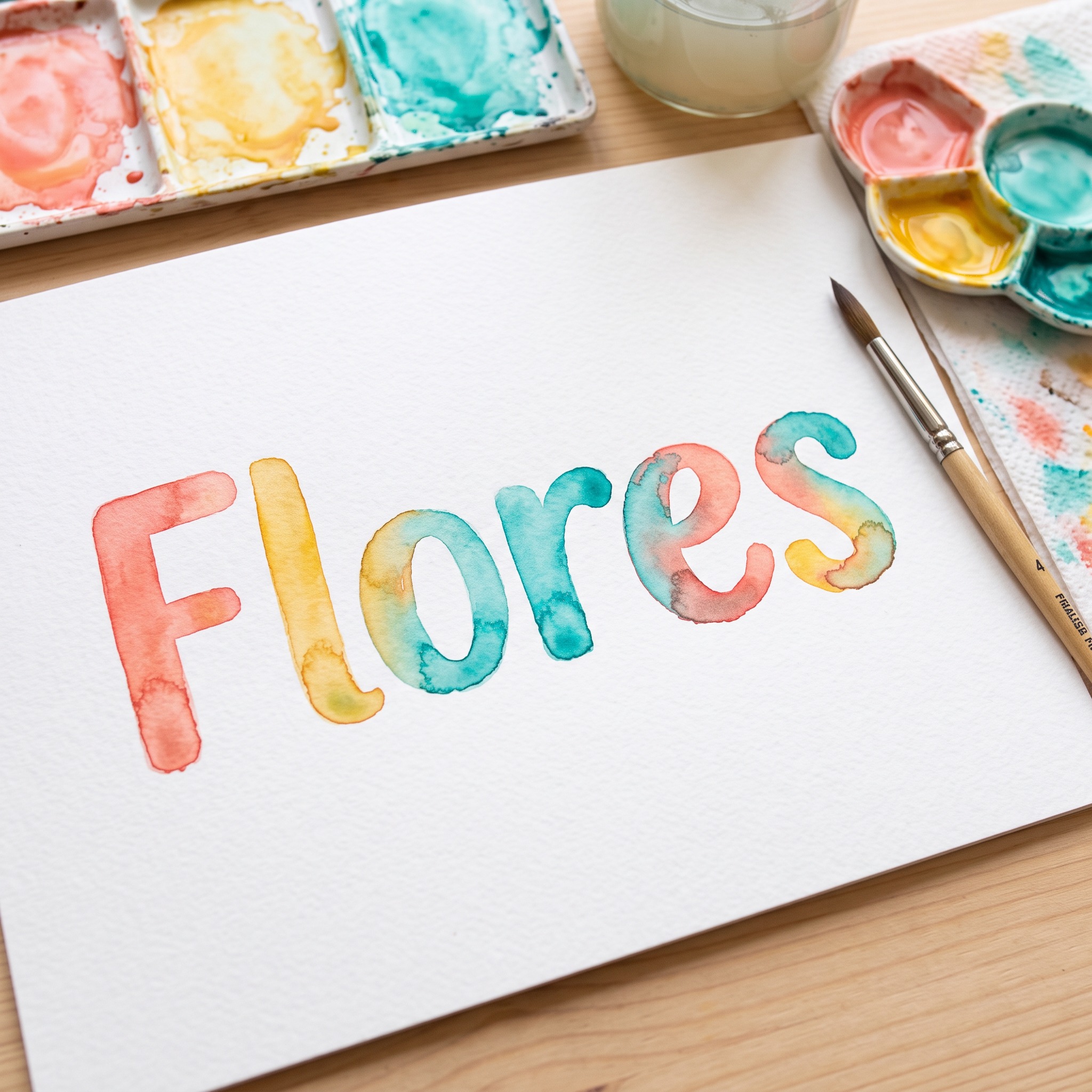 Fuente de IA Letras acuarela generada con Nano Banana: la palabra Flores