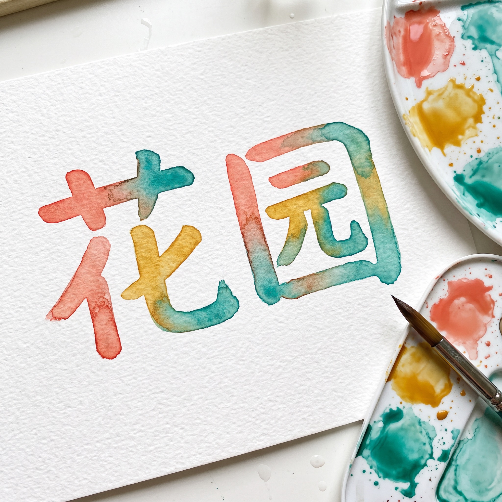 水彩字体 AI 字体在 Nano Banana 上的生成结果：文字 花园