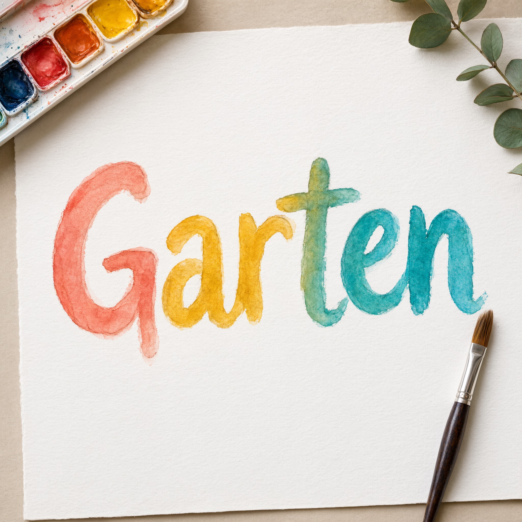 Aquarell-Schrift KI-Schrift, erstellt mit Qwen-Image: das Wort Garten